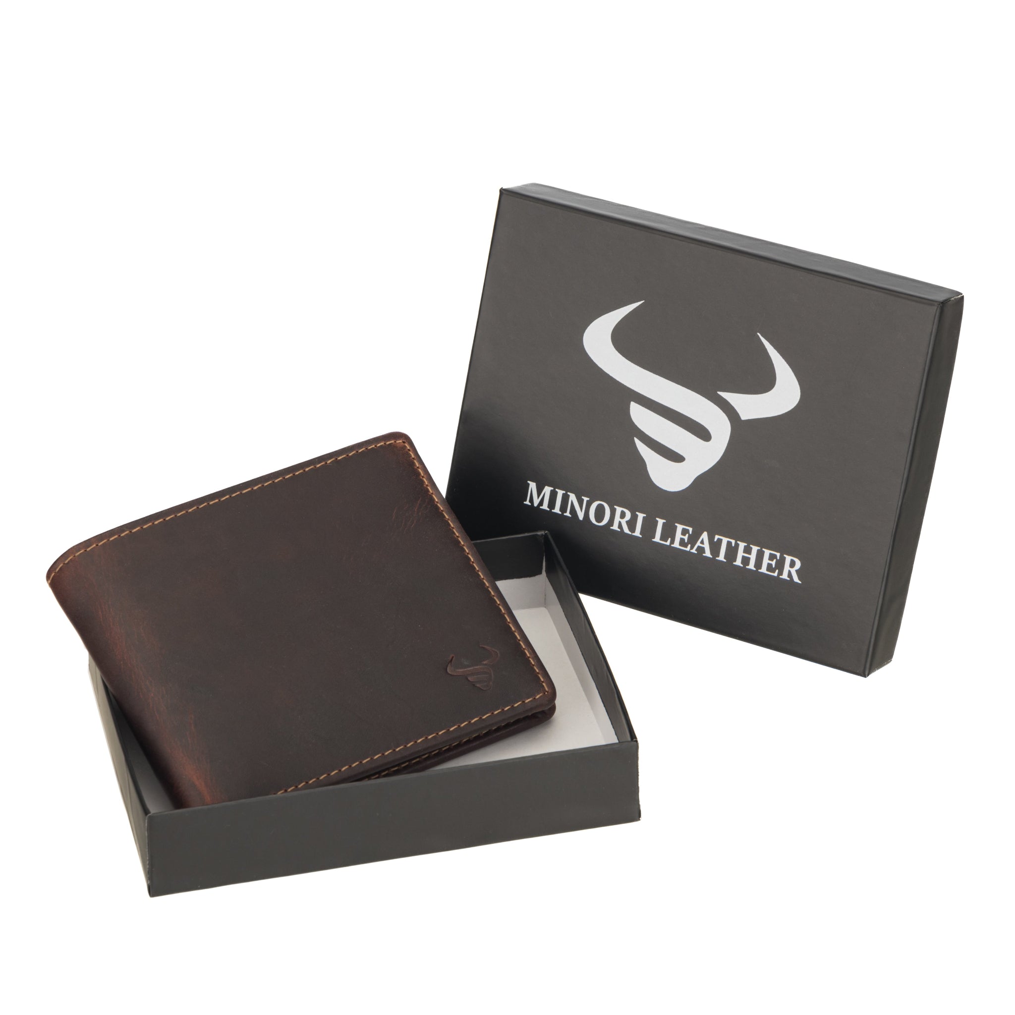 Brown leather wallet in a box with 'Minori Leather' branding on a white background