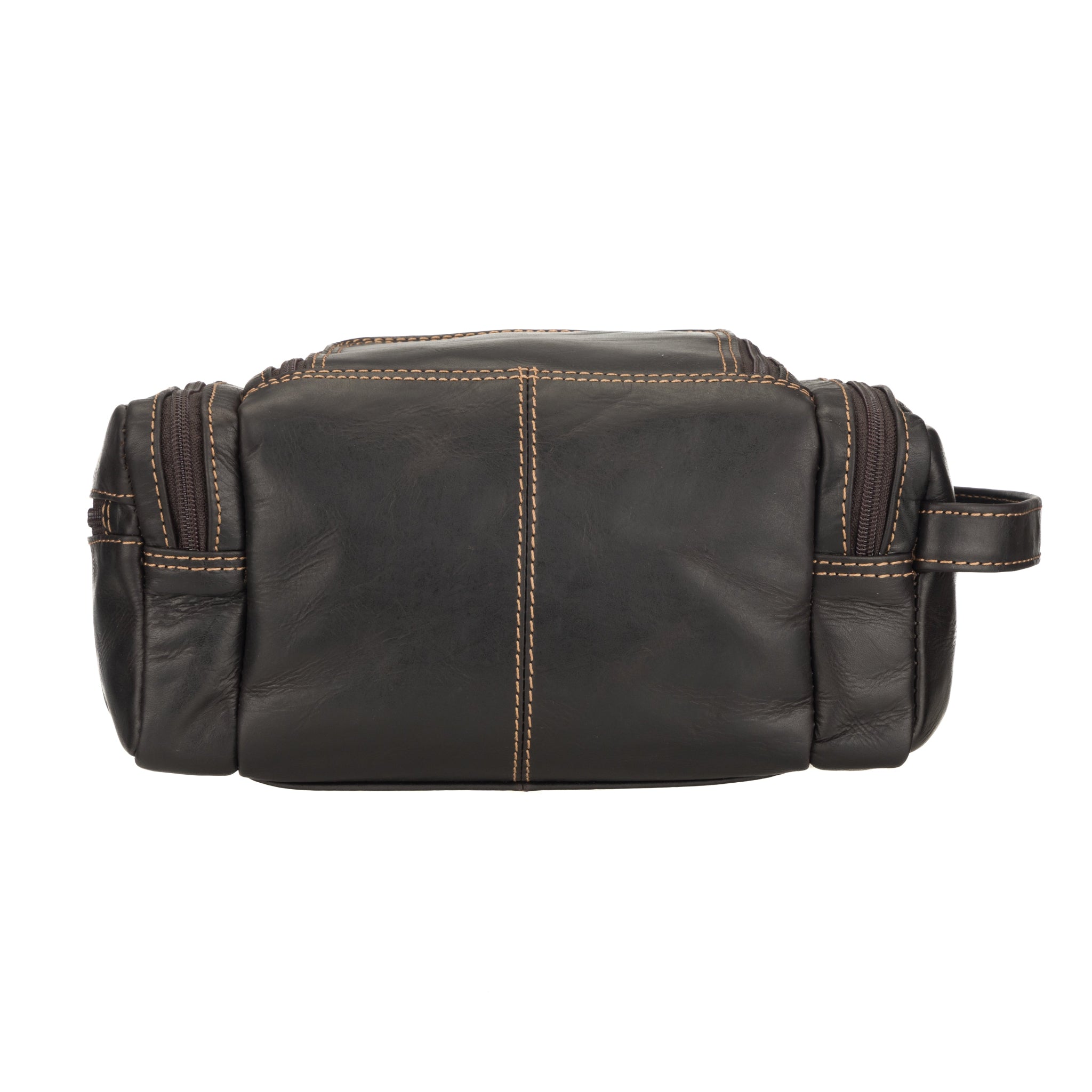 Back view of brown Minori leather toiletry bag displaying clean panel design with visible stitching and no external compartments.