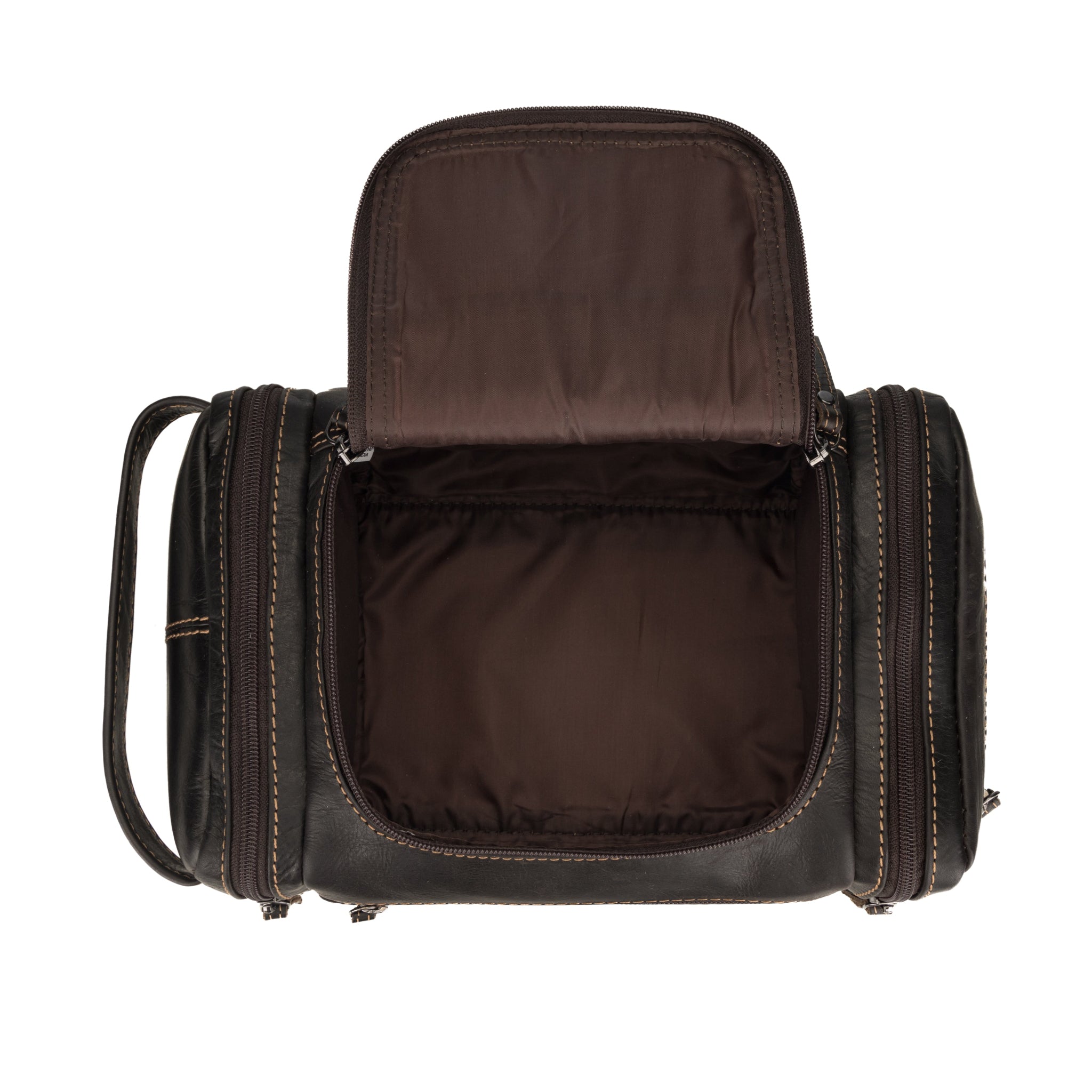 Top-down view of an open brown Minori leather toiletry bag showing a spacious, fabric-lined main compartment.