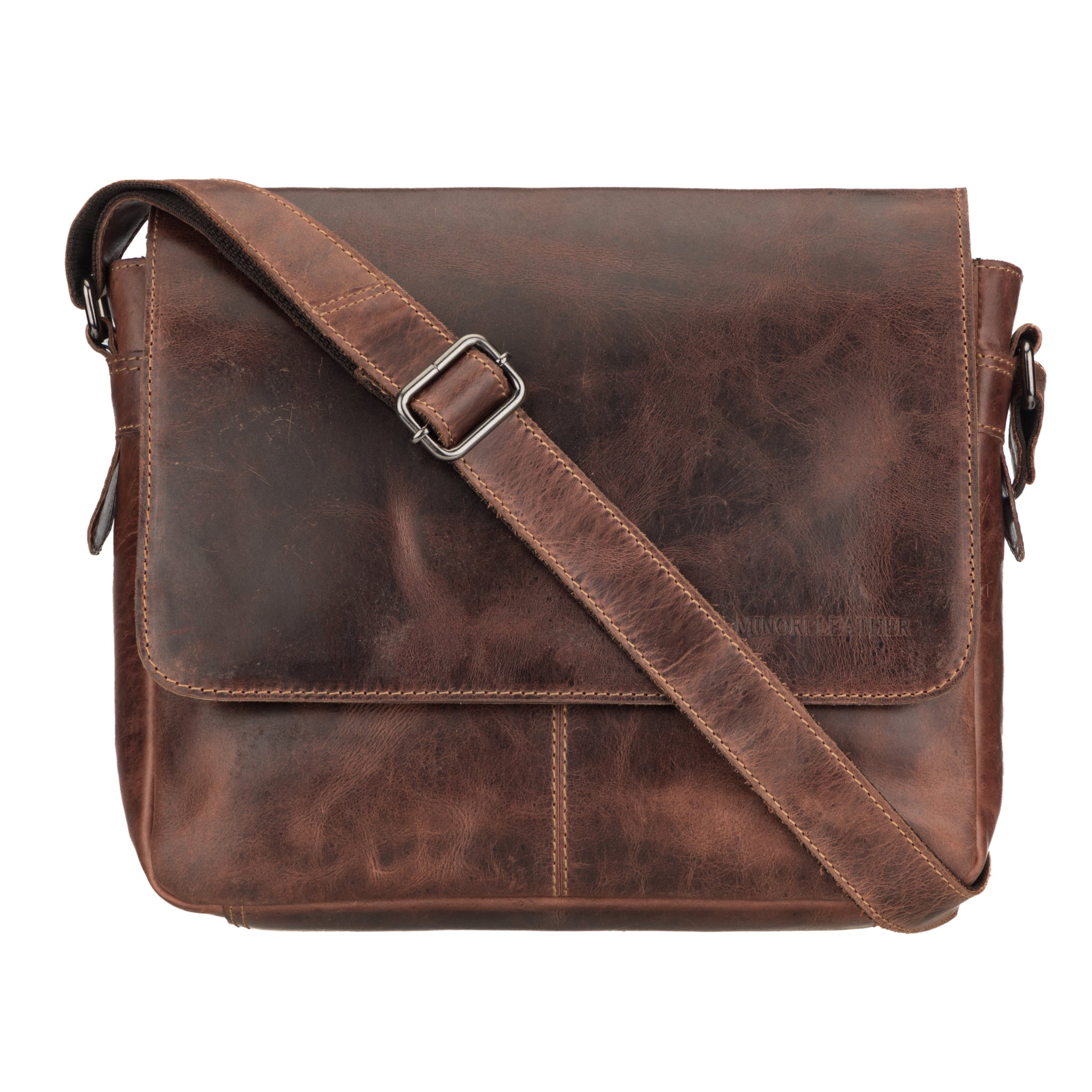 Brown Minori leather messenger bag on a white background