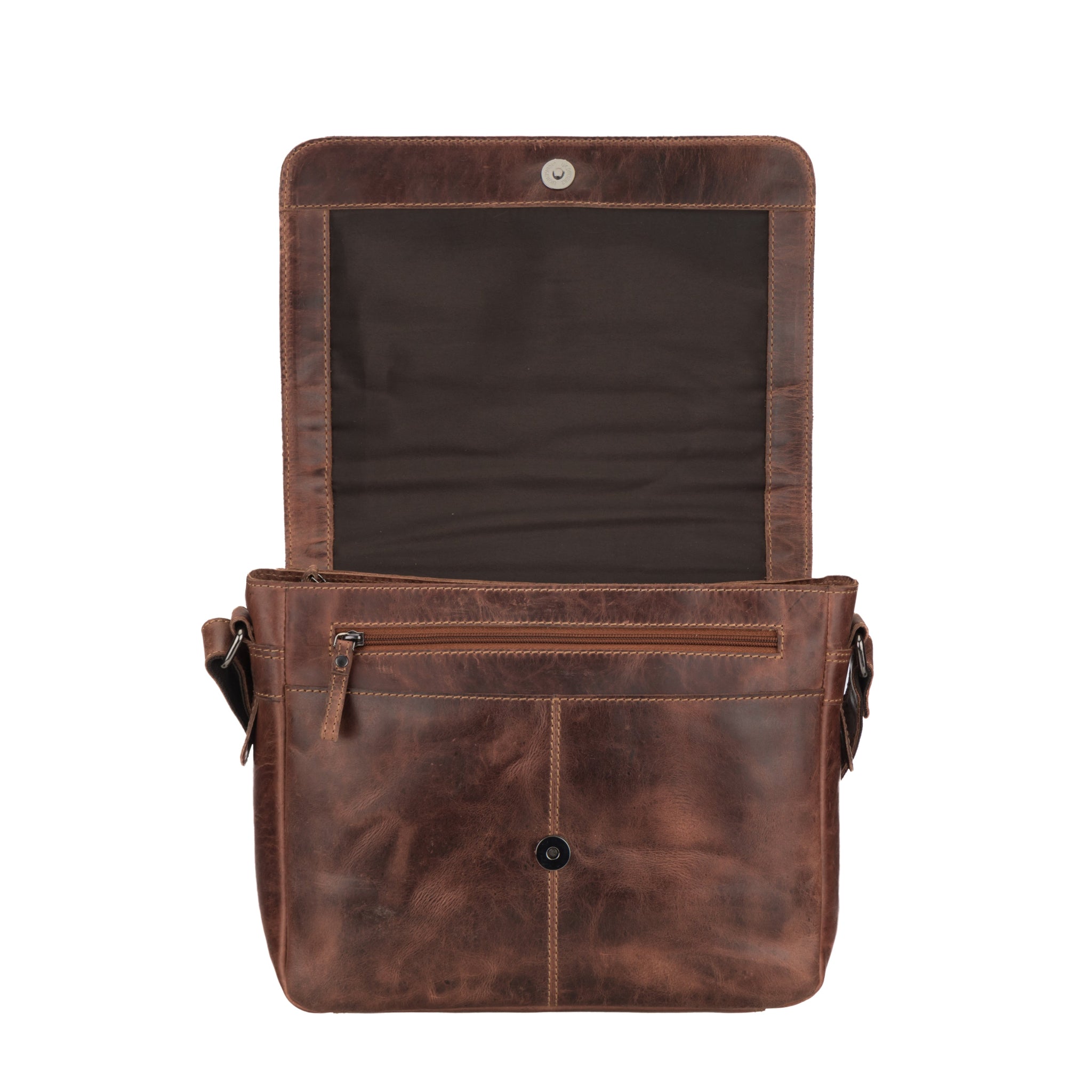 Brown Minori leather bag with open front pocket on a white background