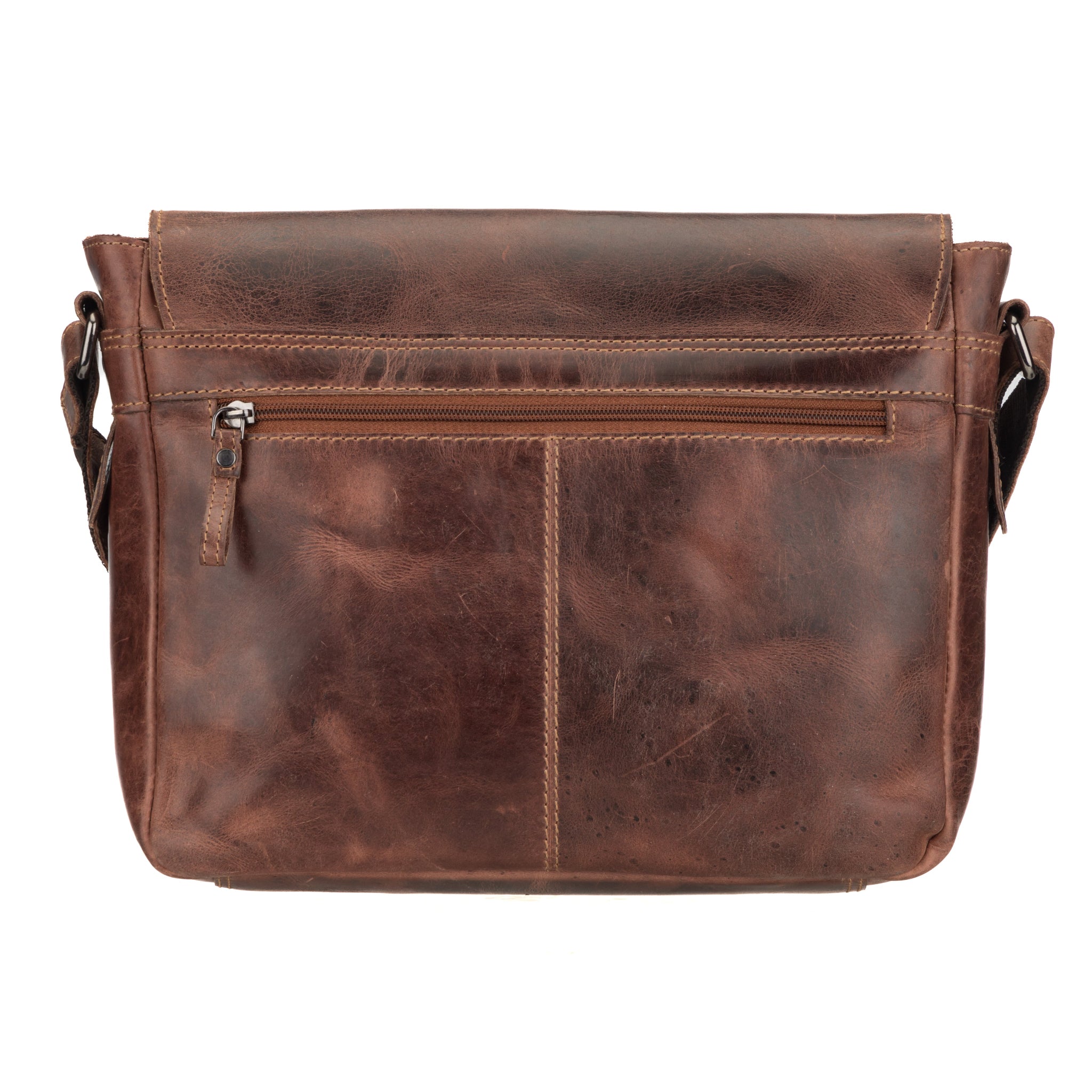 Back view of Brown Minori leather messenger bag on a white background