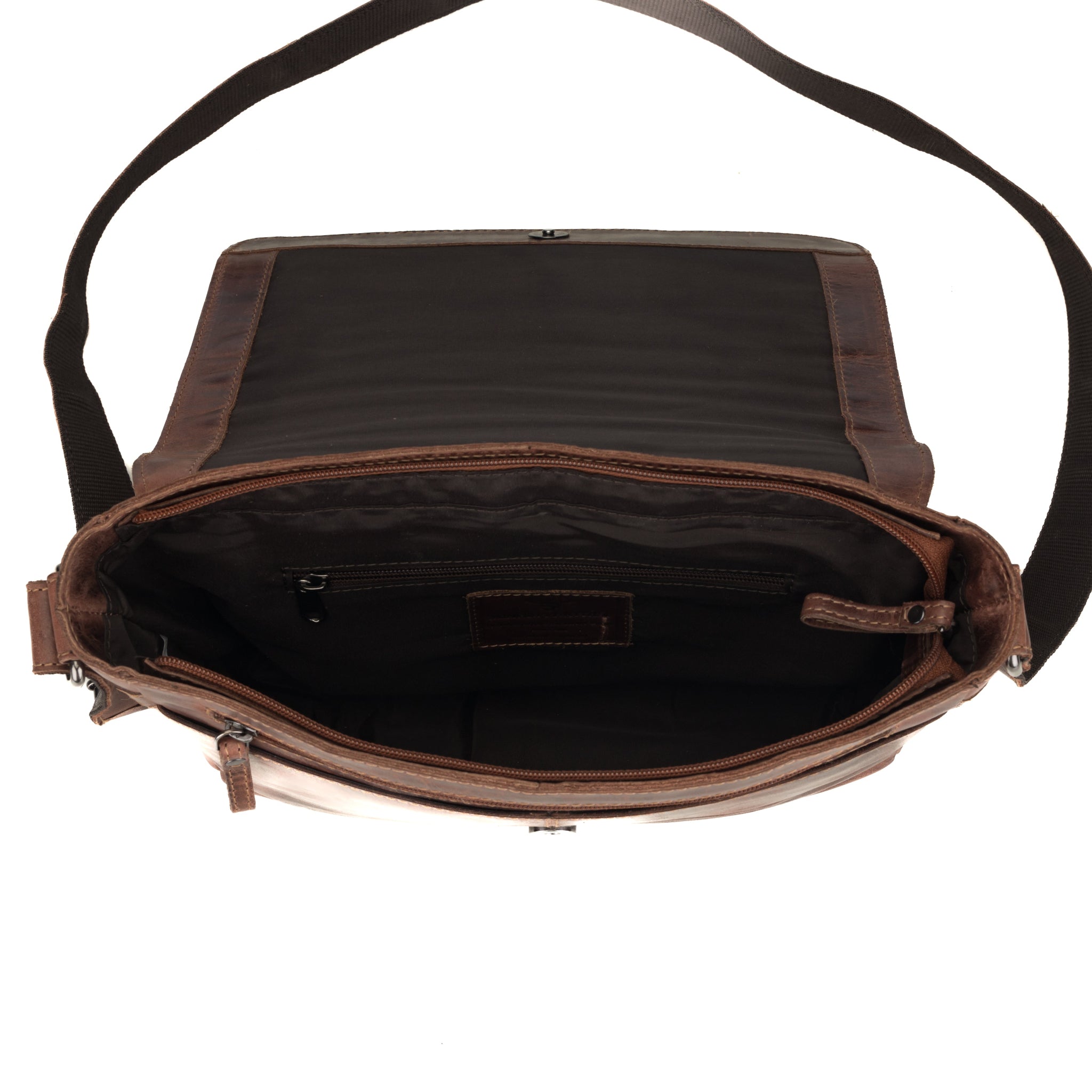 Brown Minori leather bag with a black interior on a white background