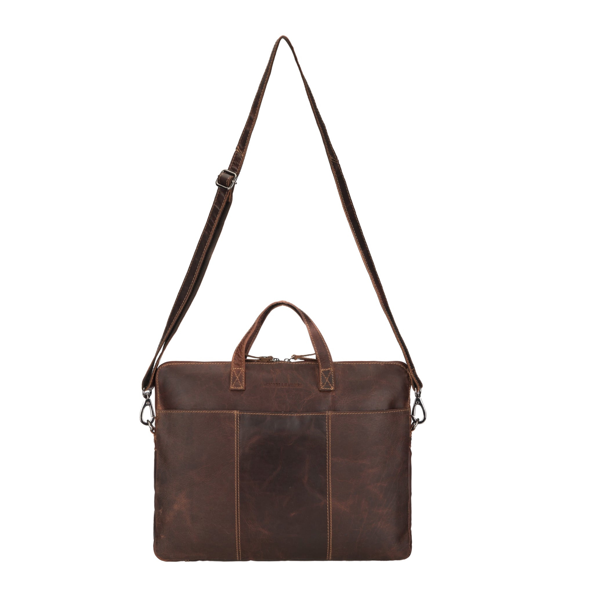 Rear view of a vintage-style dark brown Minori leather laptop bag with a long adjustable shoulder strap and dual handles.