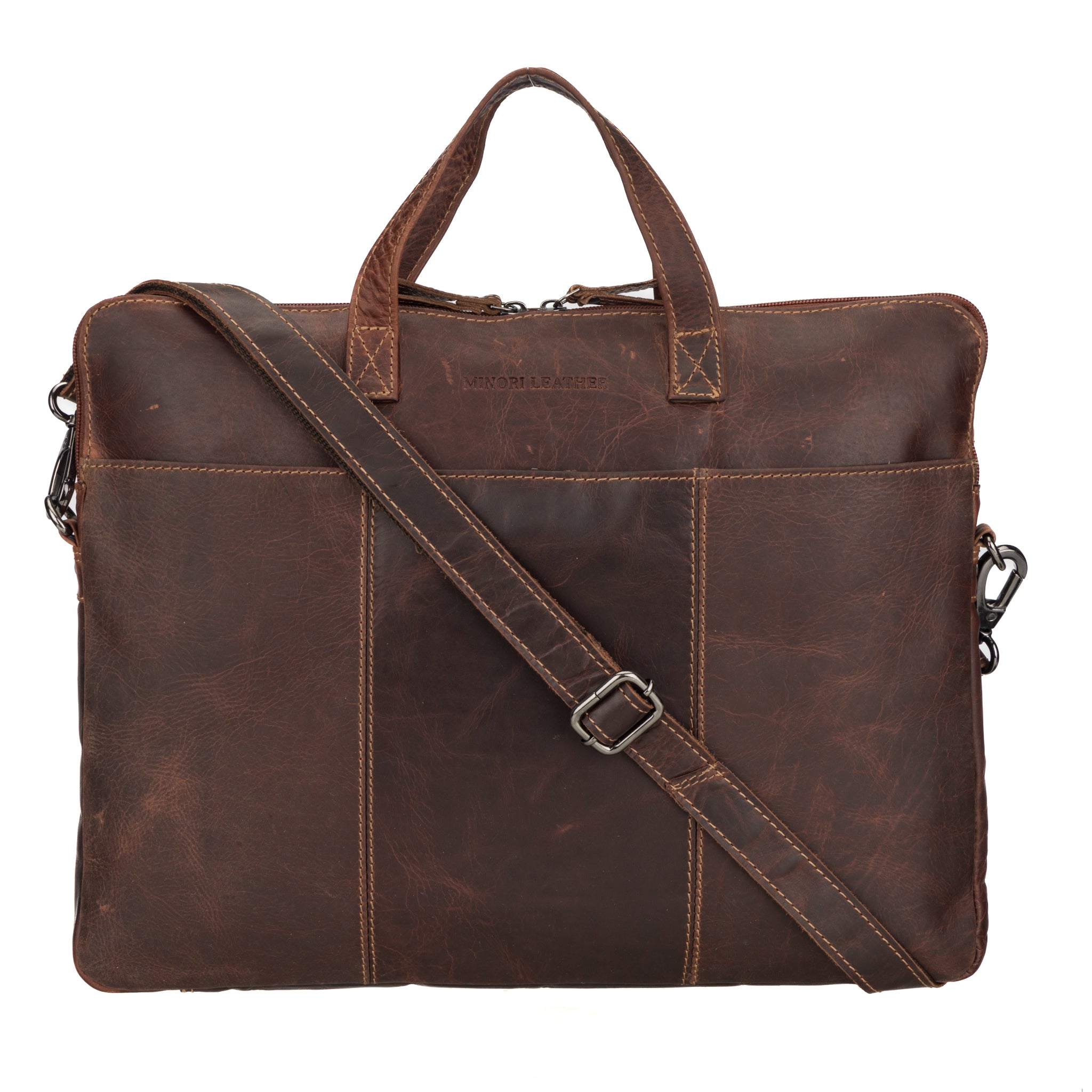 Front view of a distressed brown Minori leather laptop bag with visible grain, short handles, and an adjustable shoulder strap.