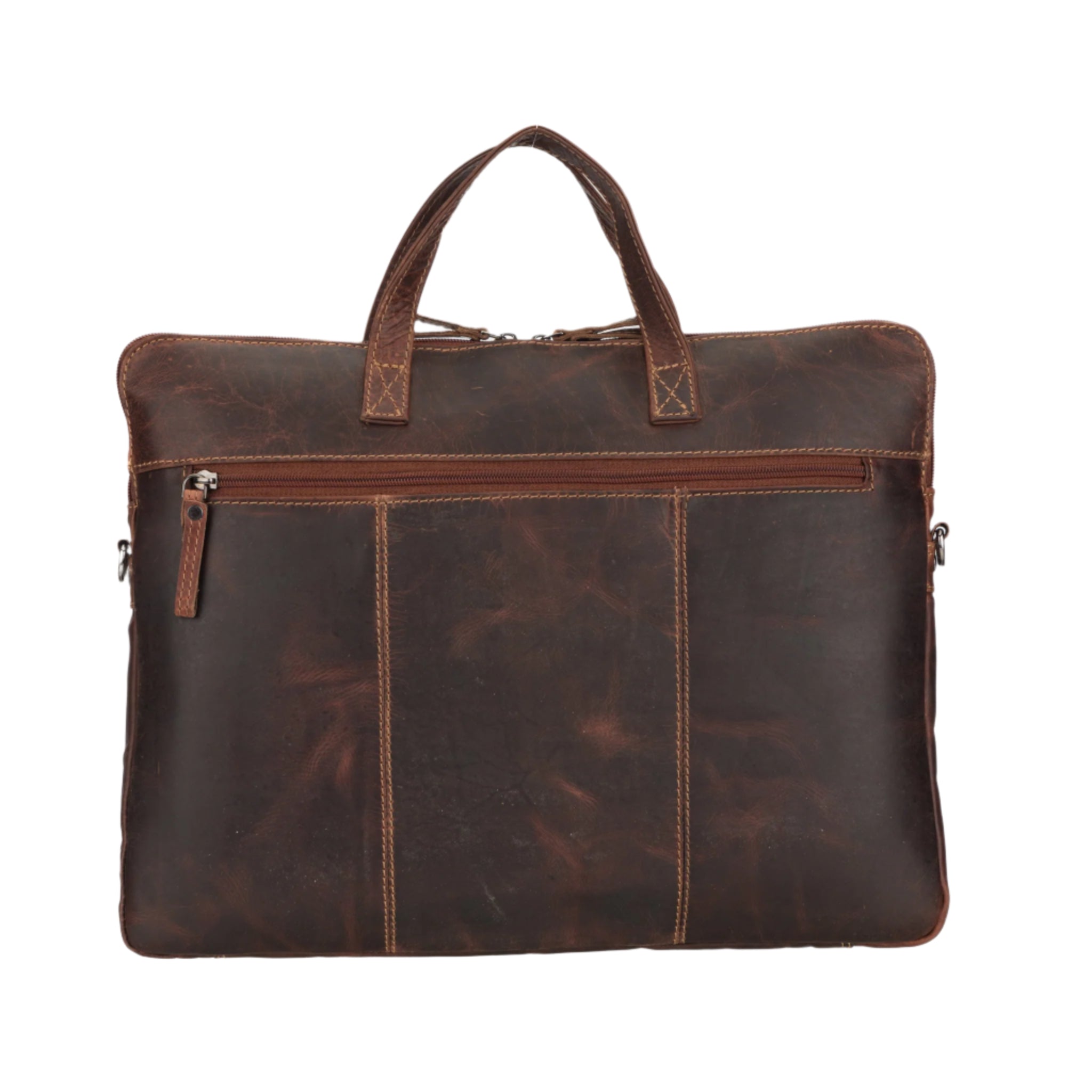 Back view of a full-grain brown Minori leather laptop bag featuring a rear zipper compartment and dual handles.