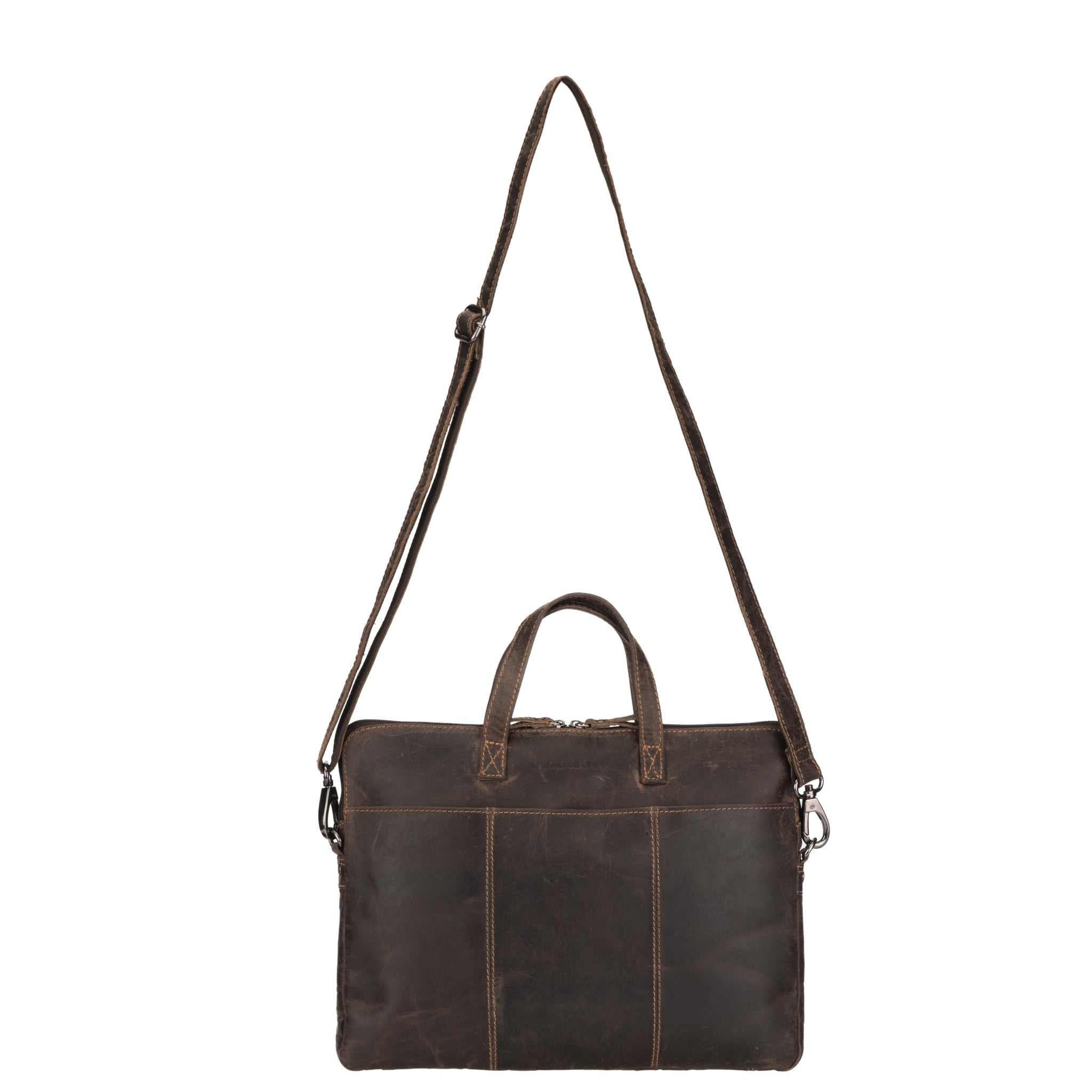 Rear view of a vintage-style dark brown Minori leather laptop bag with a long adjustable shoulder strap and dual handles.