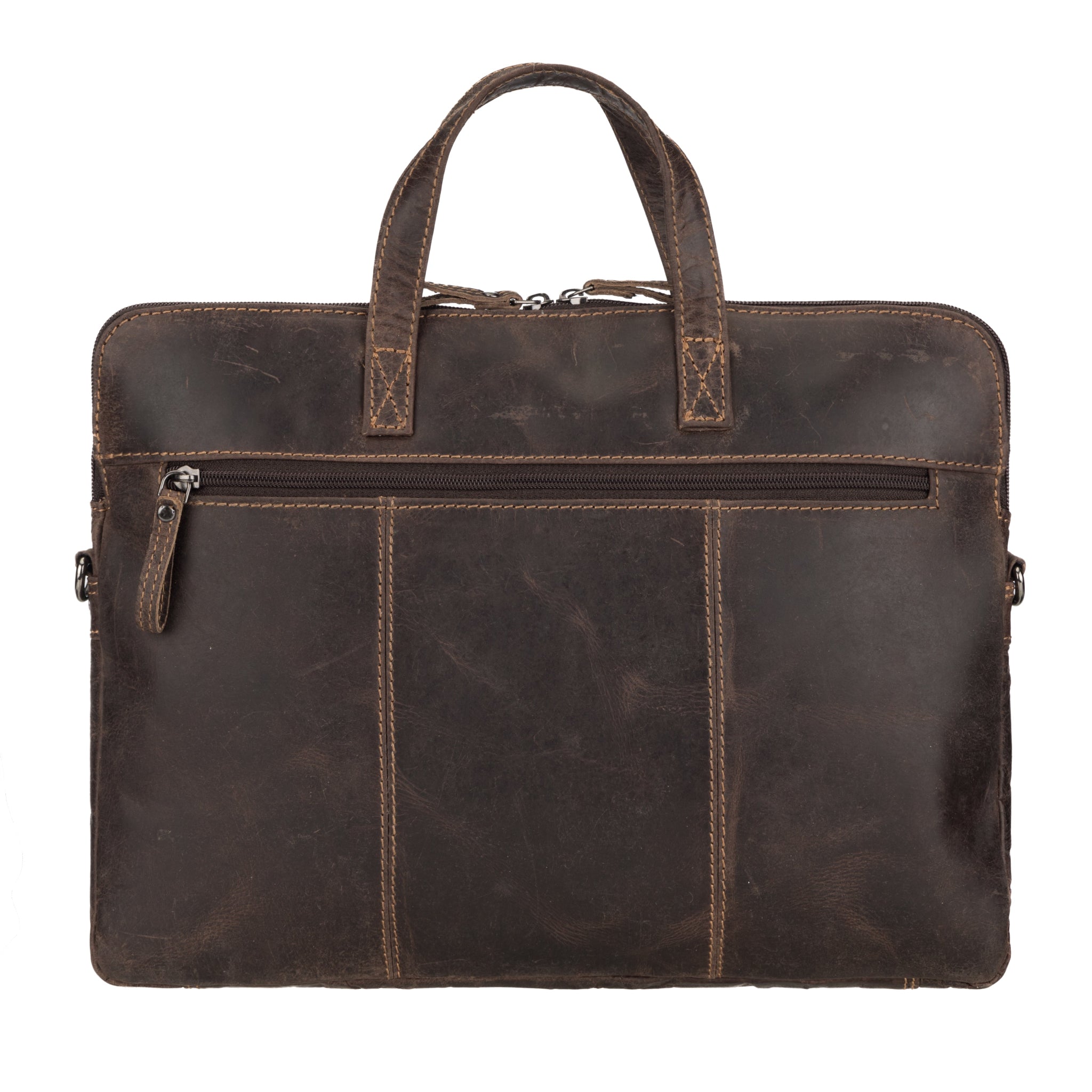 Back view of a full-grain brown Minori leather laptop bag featuring a rear zipper compartment and dual handles.