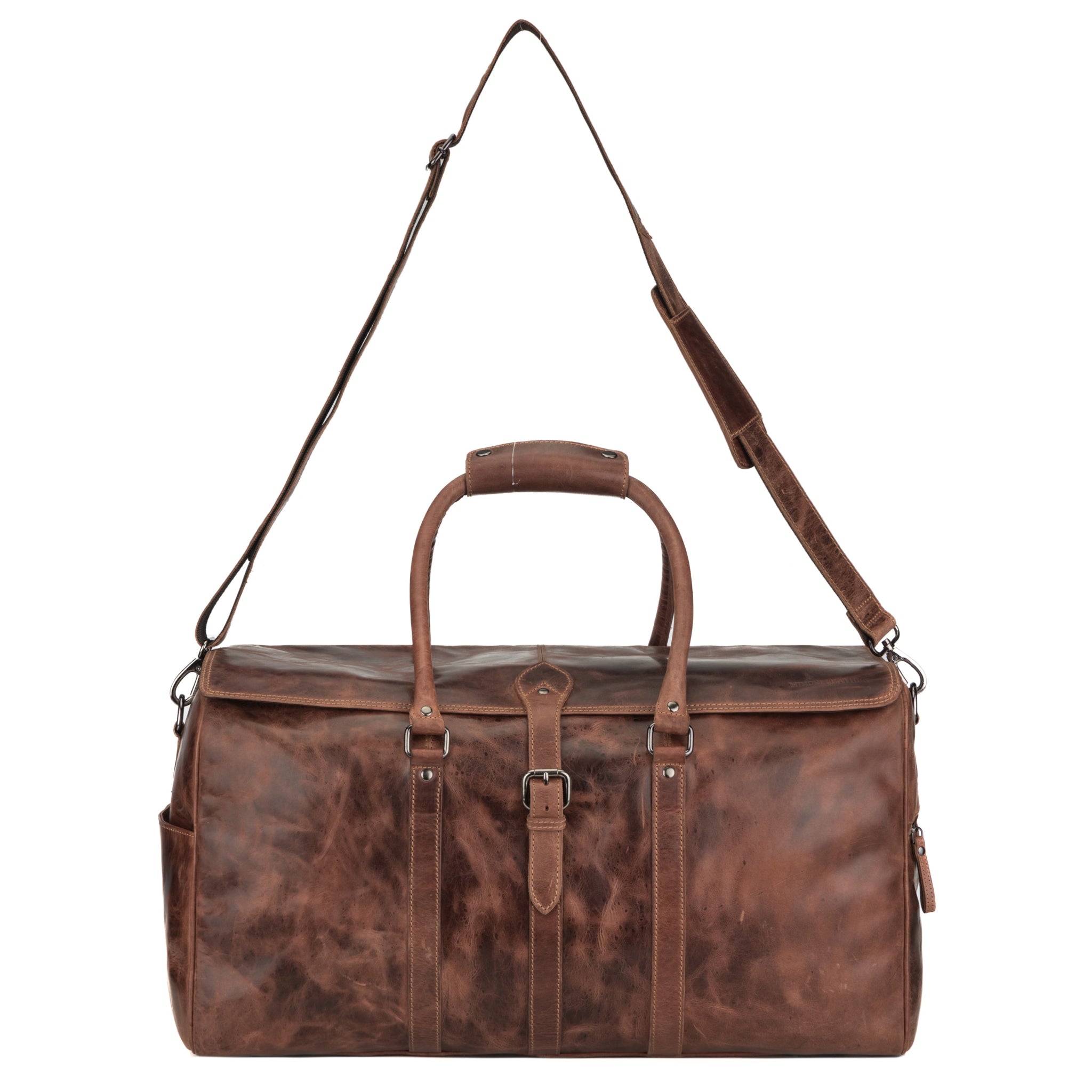 Front view of a chestnut brown Minori leather duffle bag with a shoulder strap and dual handles, showcasing its vintage distressed finish and buckle closure.