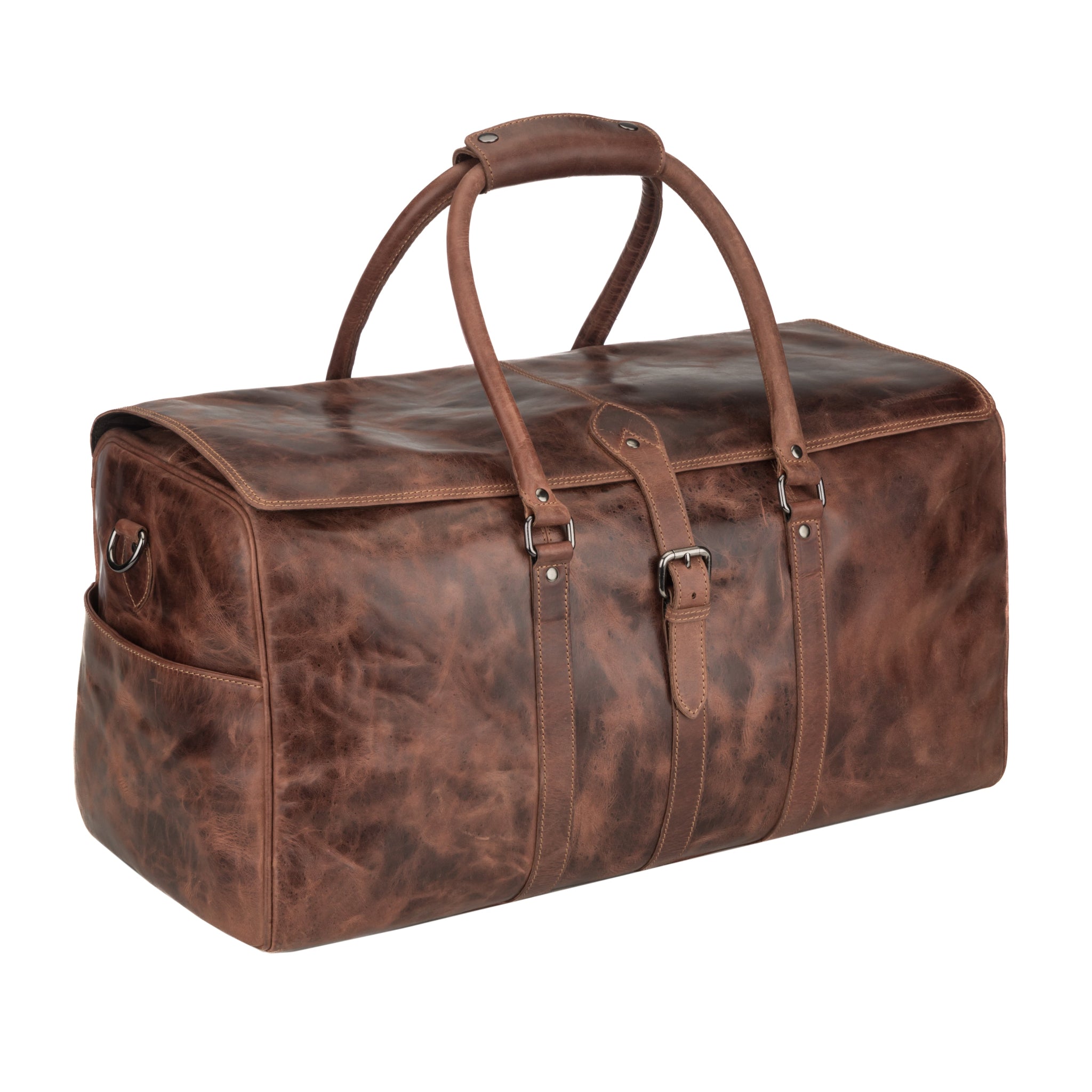 Angled front-side view of a chestnut brown Minori leather duffle bag highlighting its curved handles, buckle strap, and side pocket.