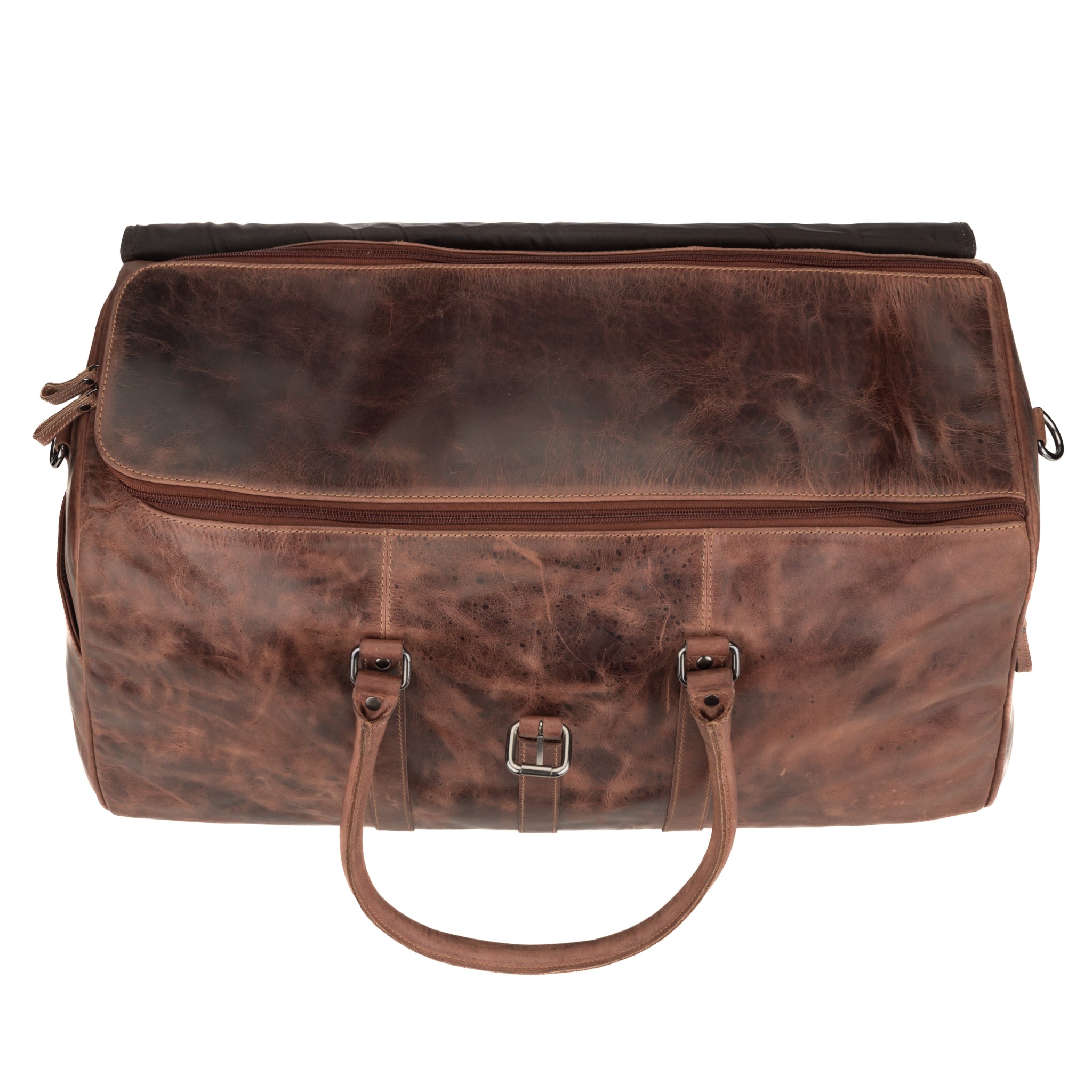 Top-down view of a chestnut brown Minori leather duffle bag with its main zipper partially open, revealing a spacious interior and soft leather finish.