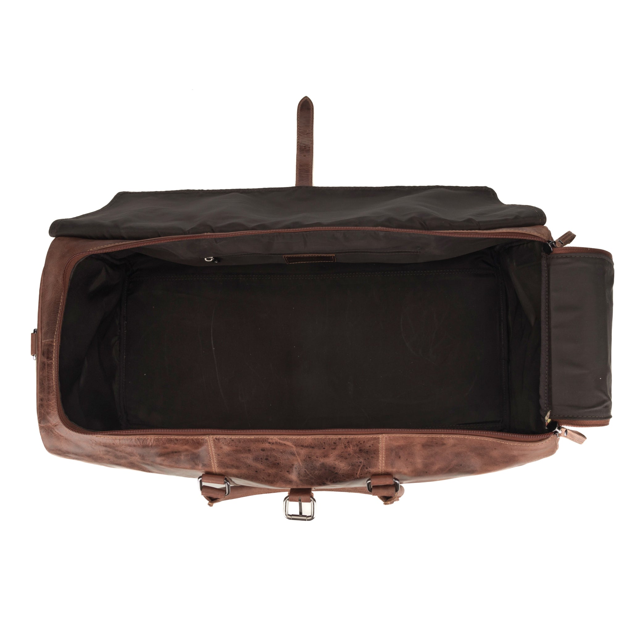 Interior view of a chestnut brown Minori leather duffle bag with the top fully unzipped, showing the large main compartment and inner zippered pocket.