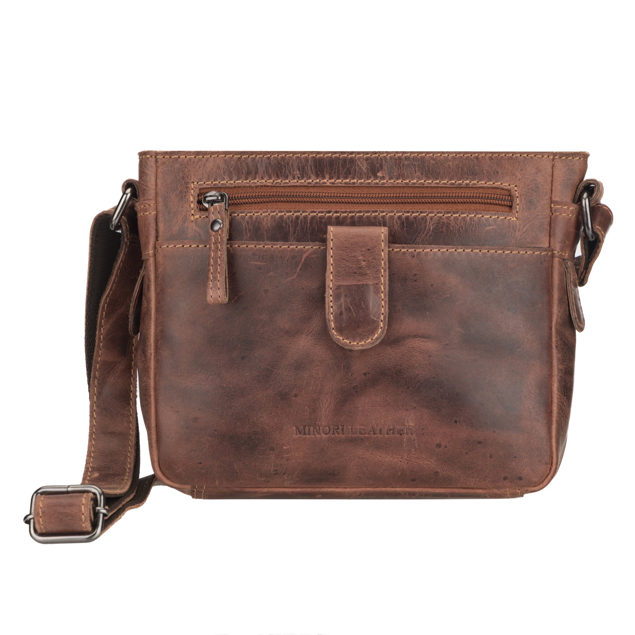 Brown Minori leather crossbody bag on a white background