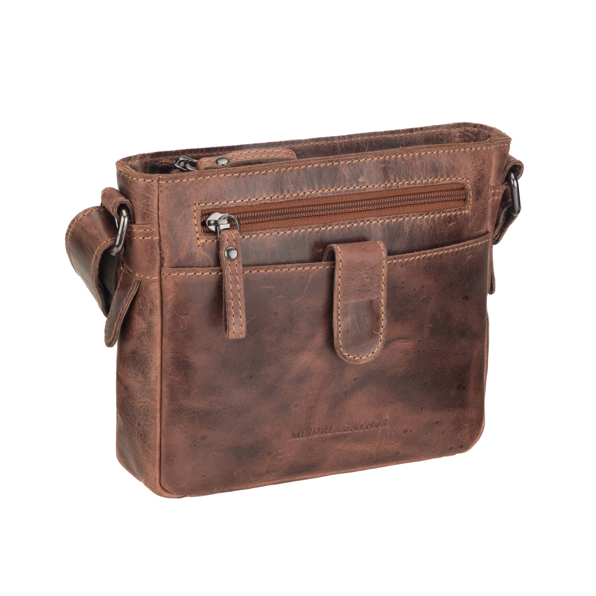 Angled view of Brown Minori leather shoulder bag on a white background