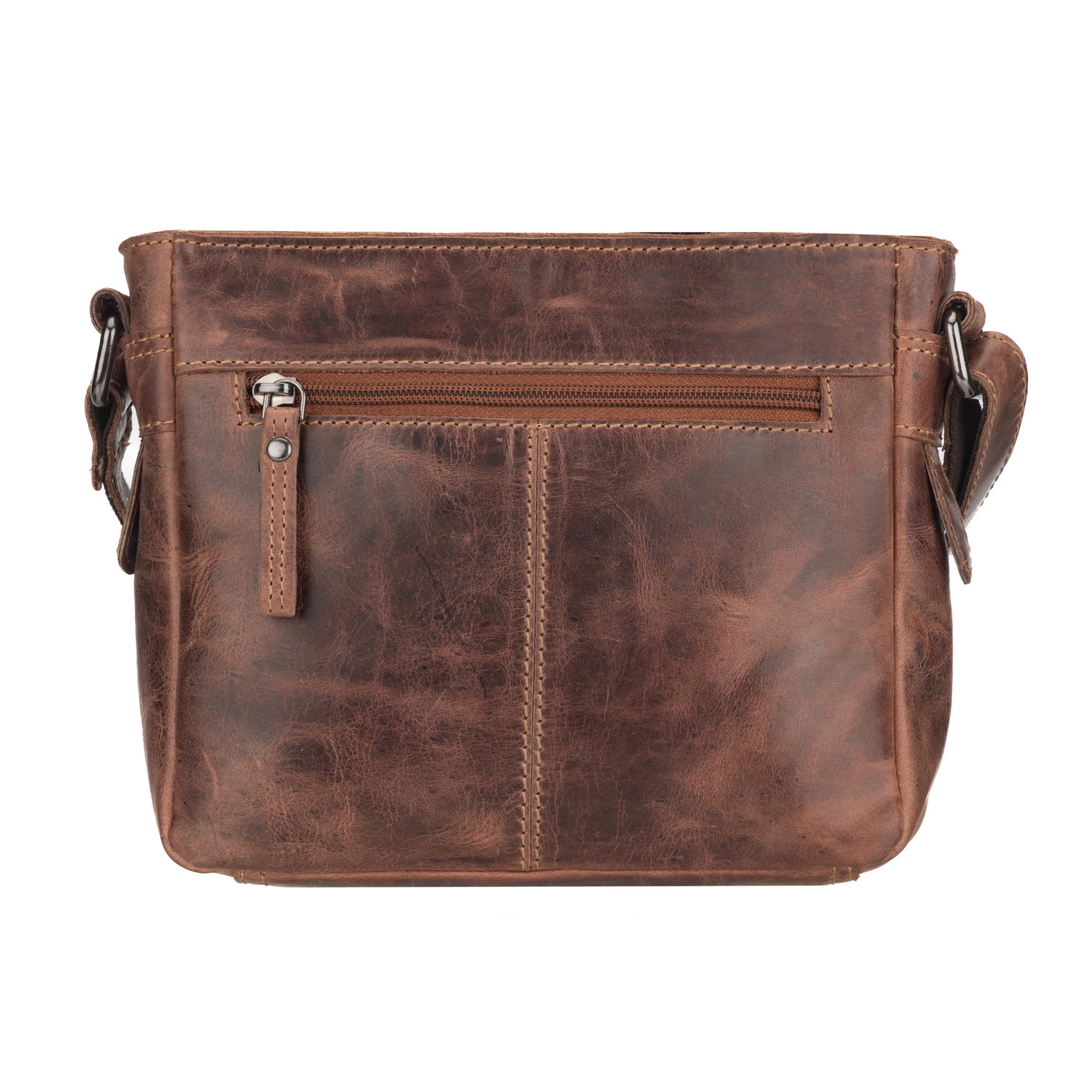Back view of Brown Minori leather crossbody bag on a white background