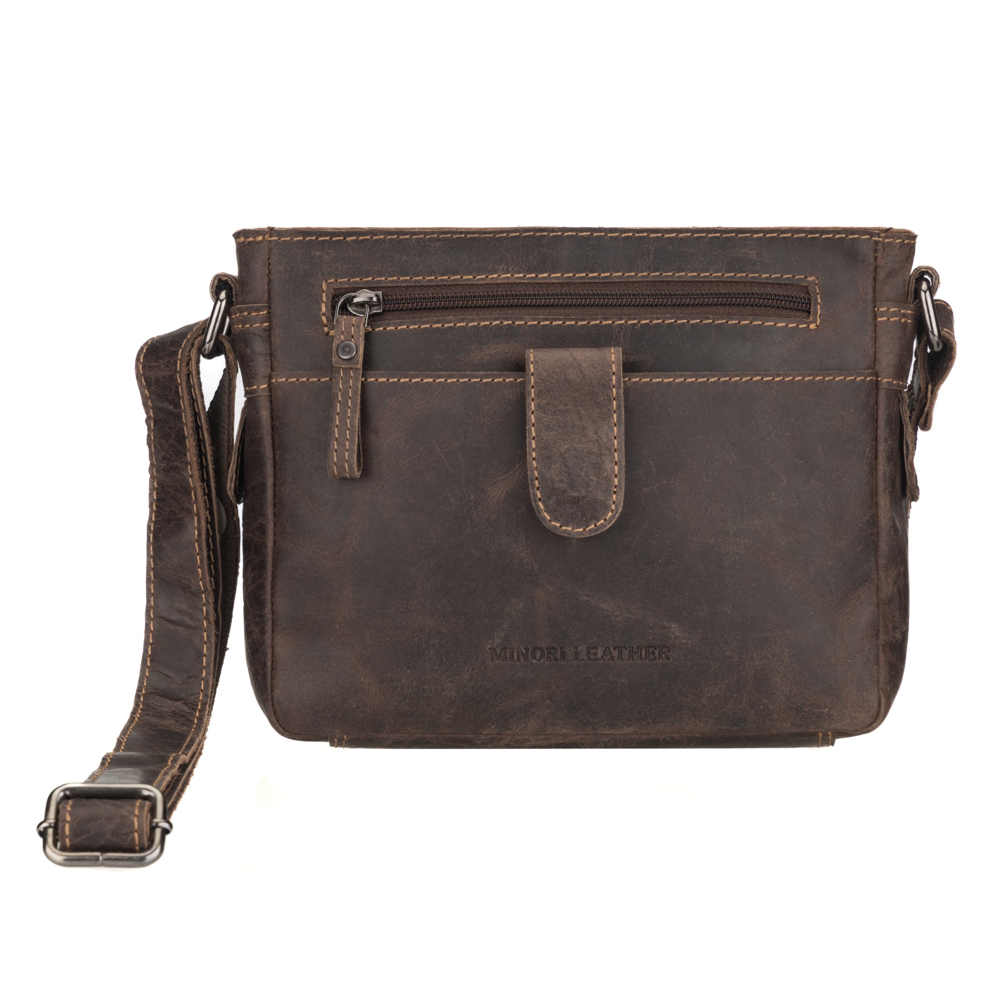 Brown Minori leather crossbody bag on a white background