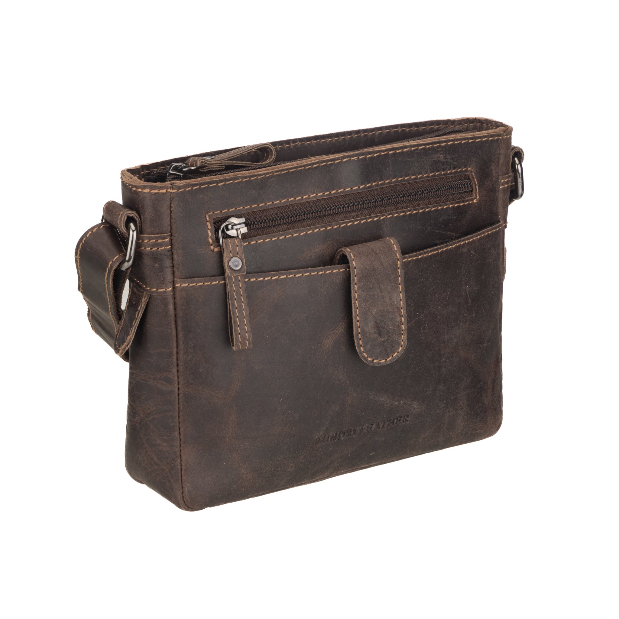 Angled view of Brown Minori leather bag with multiple compartments on a white background