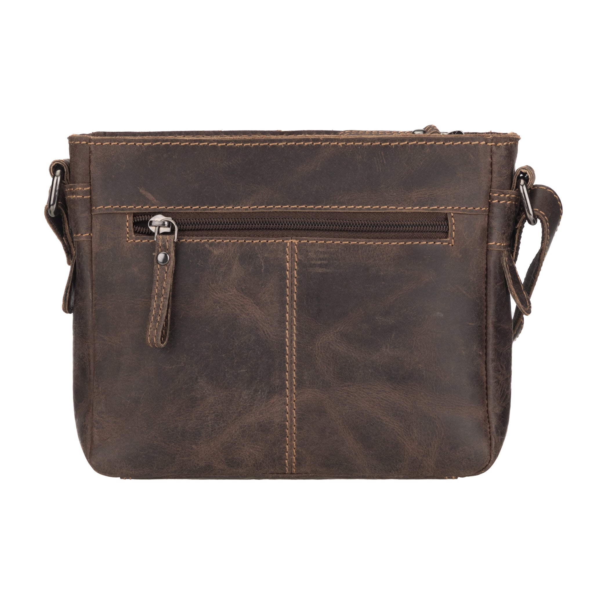 Back view of Brown Minori leather crossbody bag on a white background