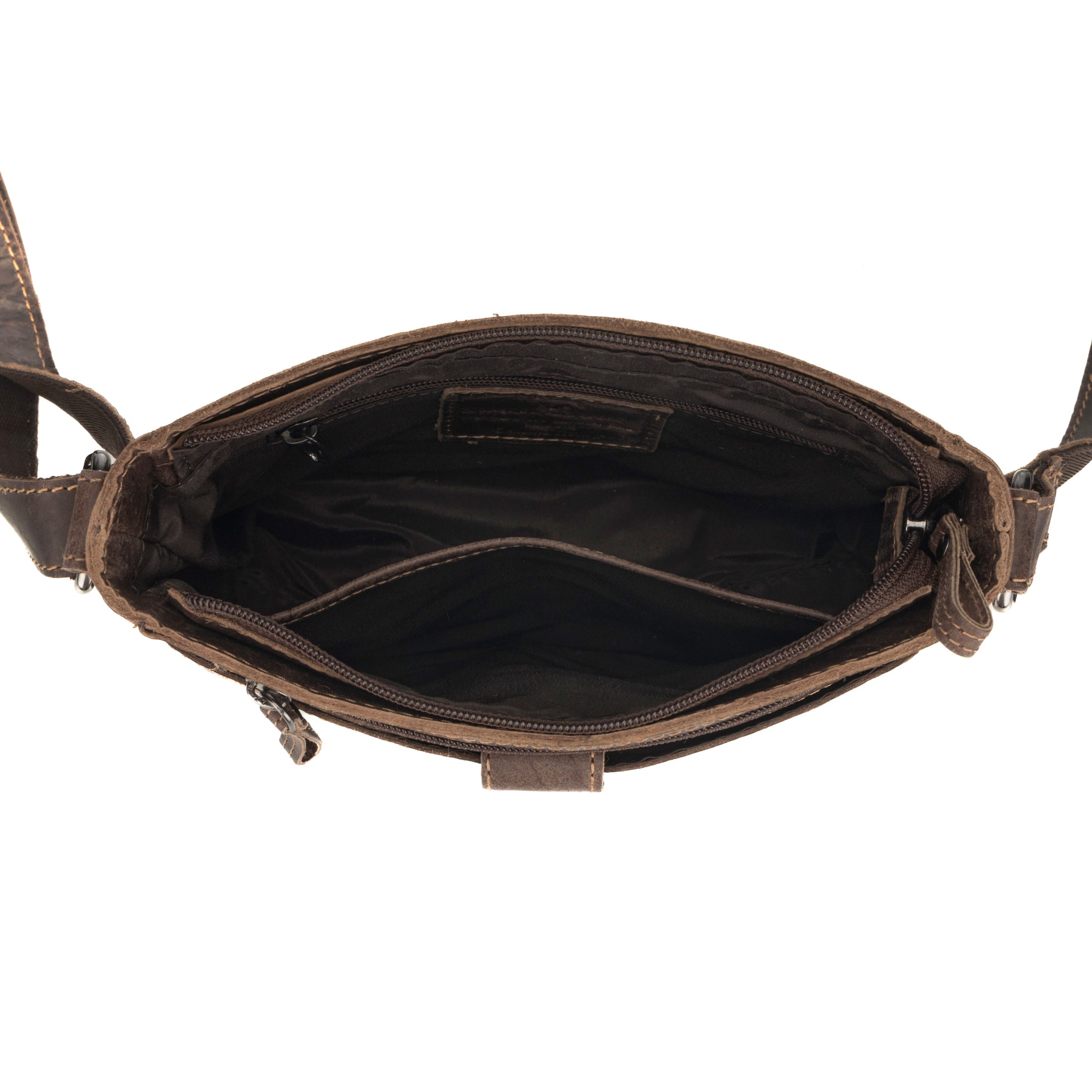 Brown Minori leather crossbody bag with open compartment on a white background