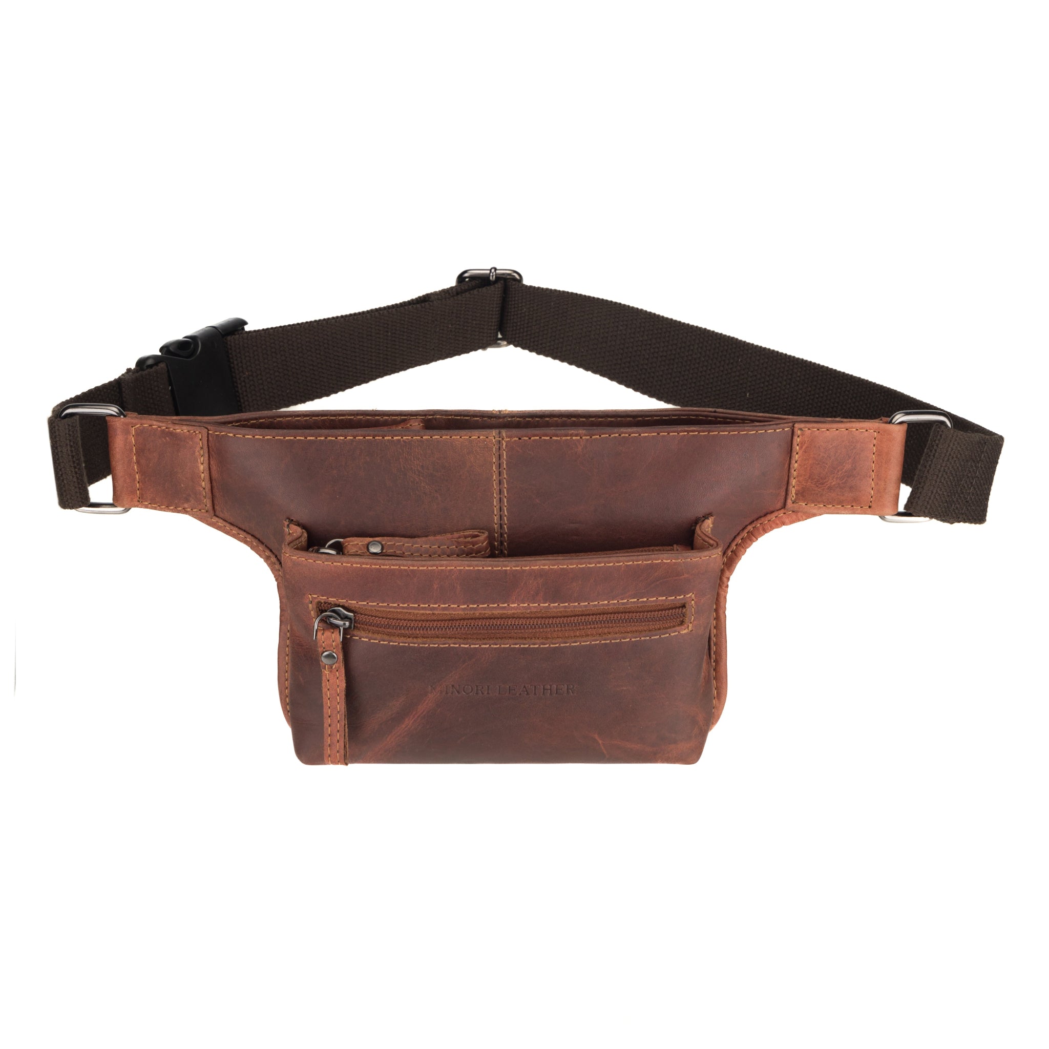 Chestnut Brown Minori leather waist bag by Minori Leather featuring multiple compartments and an adjustable strap with buckle closure.