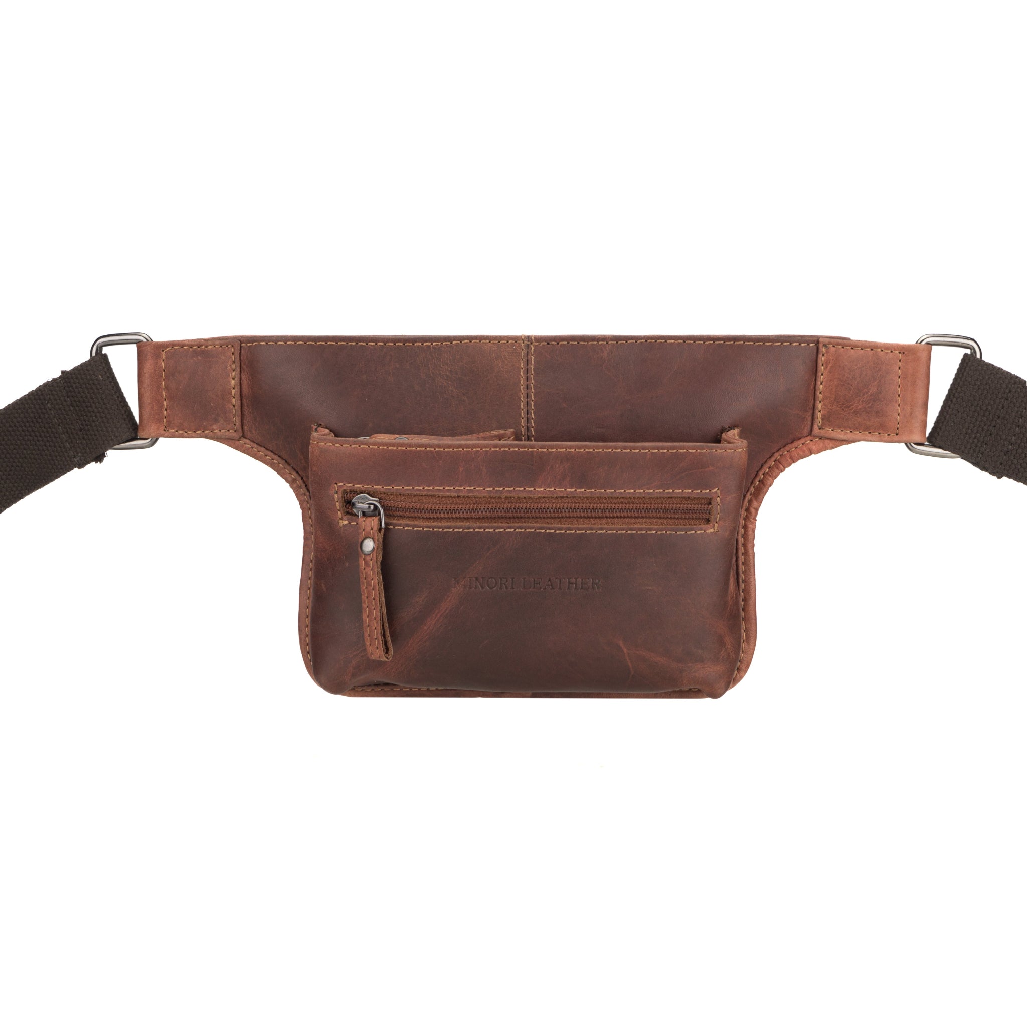 Front view of chestnut brown Minori leather waist bag by Minori Leather with visible zippered front and embossed branding Minori leather.