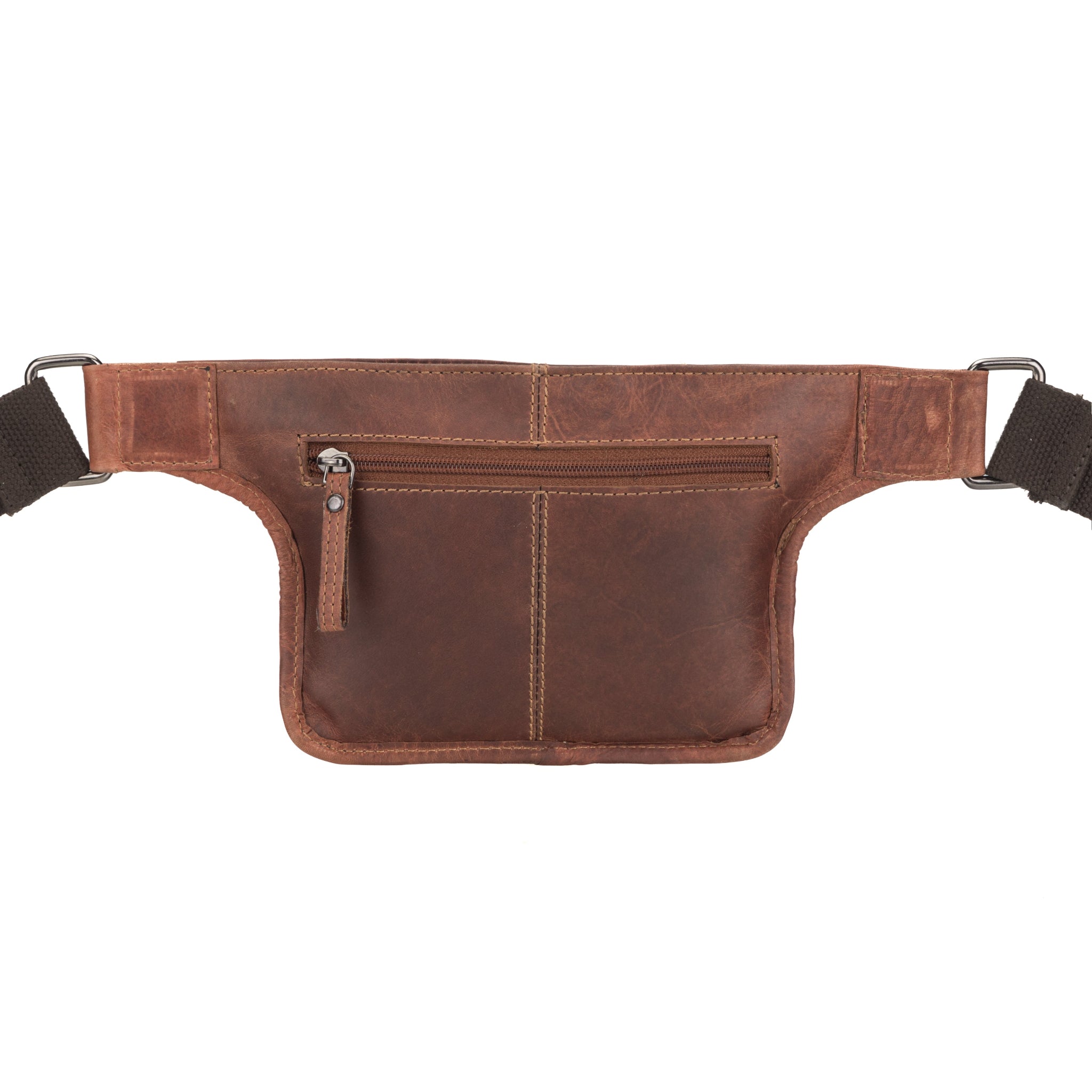 Back view of Minori Leather chestnut brown waist bag featuring horizontal zippered pocket and center stitching detail.