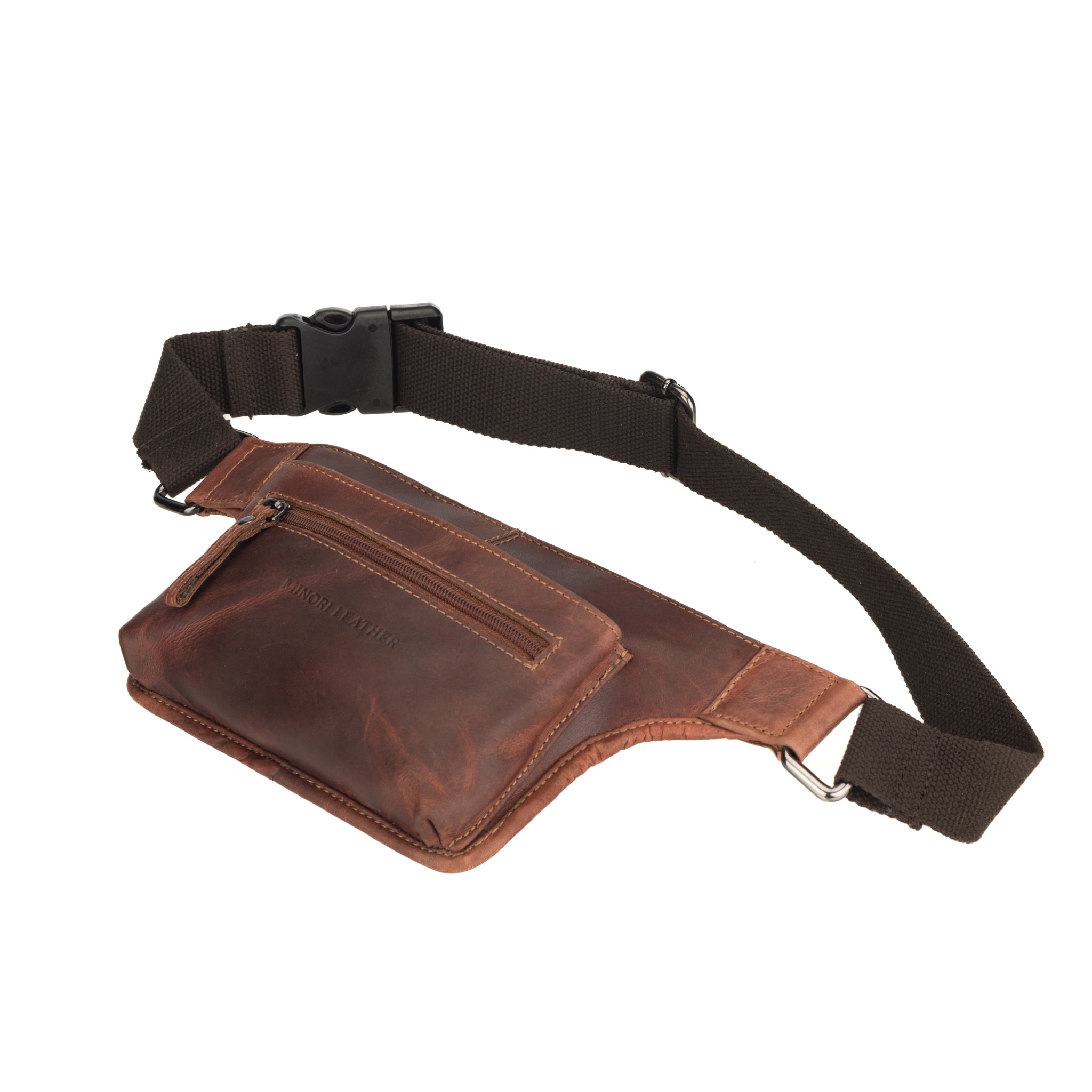 Side-angled view of Minori Leather chestnut brown waist bag, highlighting its structured design and utility pocket.