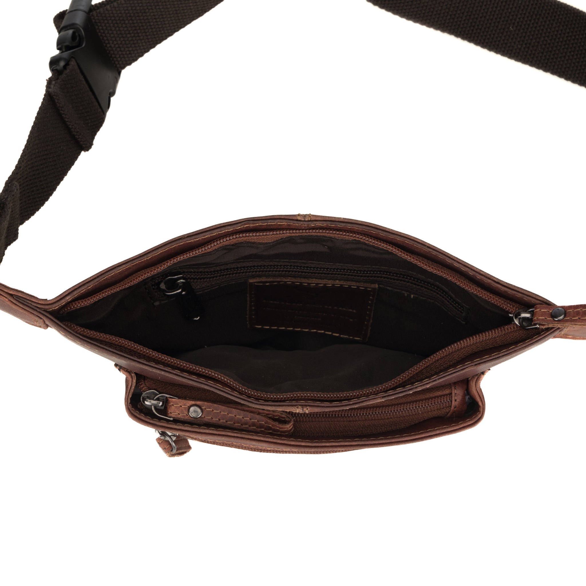 Top view of the interior of Minori Leather chestnut brown waist bag, showing internal zippered pocket and fabric lining.