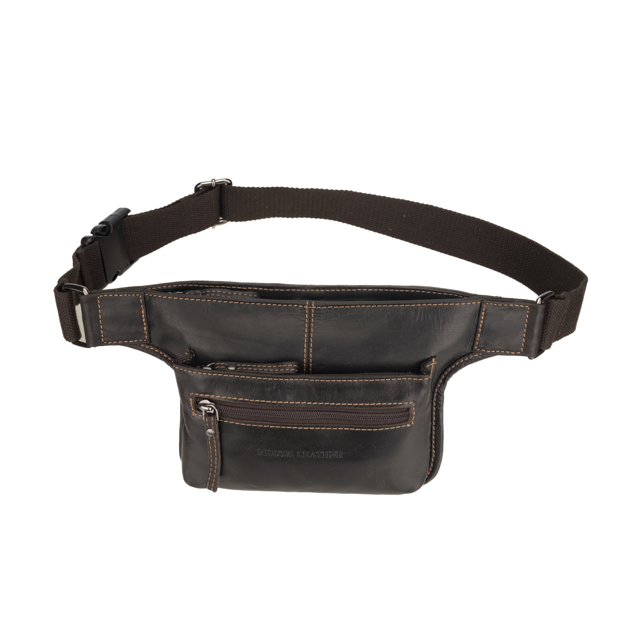 Brown Minori leather waist bag featuring multiple compartments and an adjustable strap with buckle closure