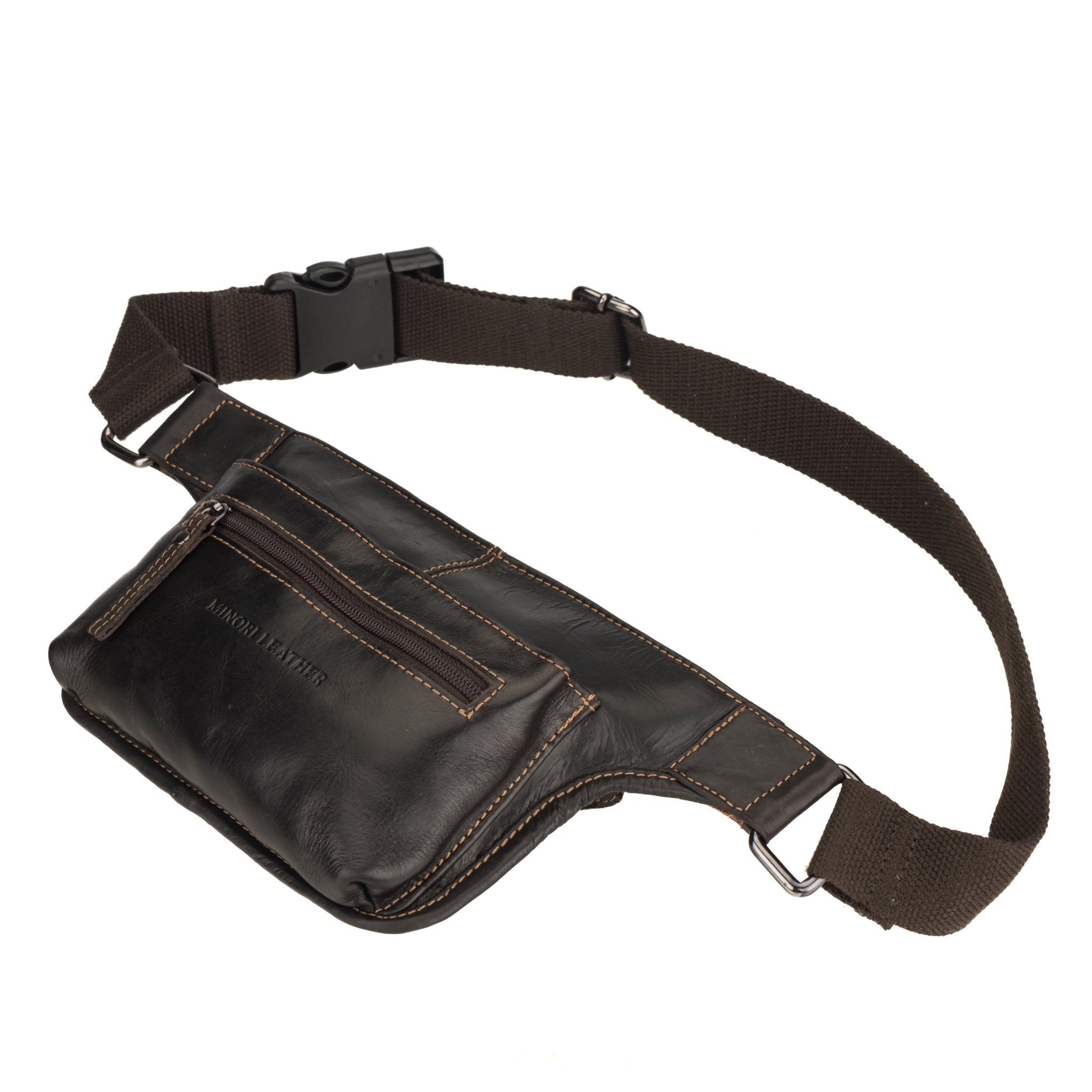Angled view of Minori Leather brown Fanny pack showing side profile, zippered front pocket, and contrast stitching.