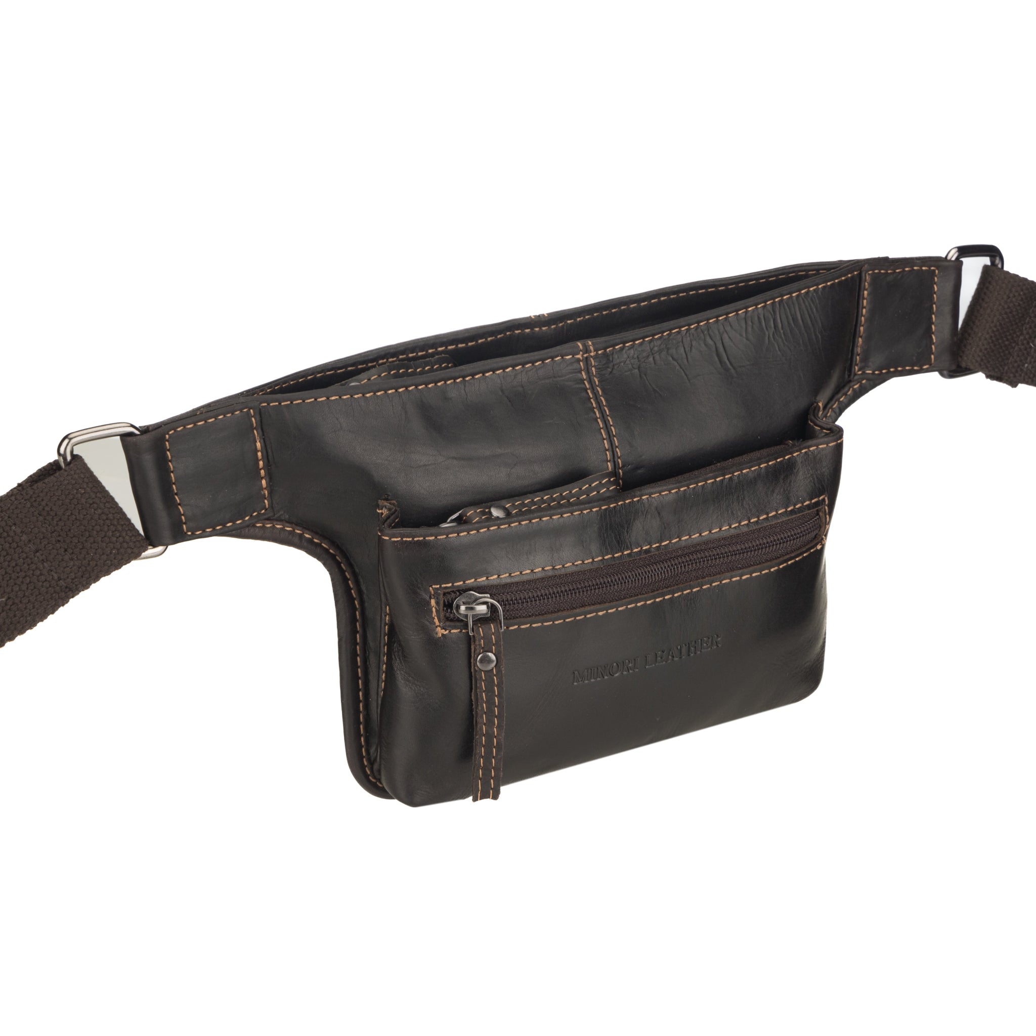 Side-angled view of Minori Leather brown waist bag, highlighting its structured design and utility pocket.