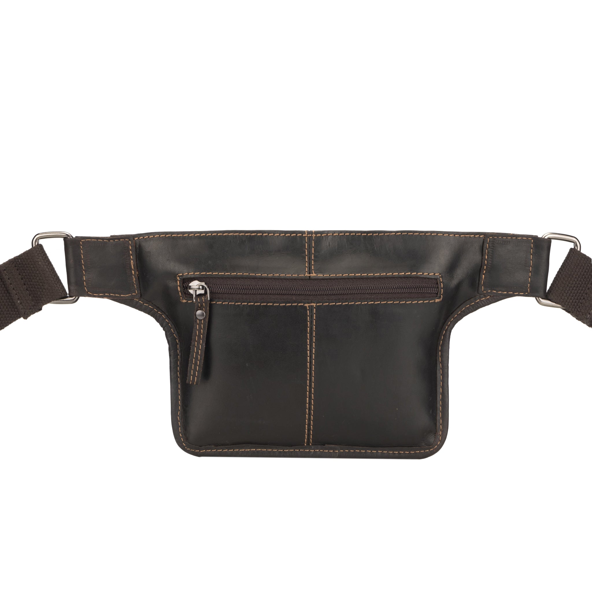 Back view of Minori Leather brown waist bag featuring horizontal zippered pocket and center stitching detail.