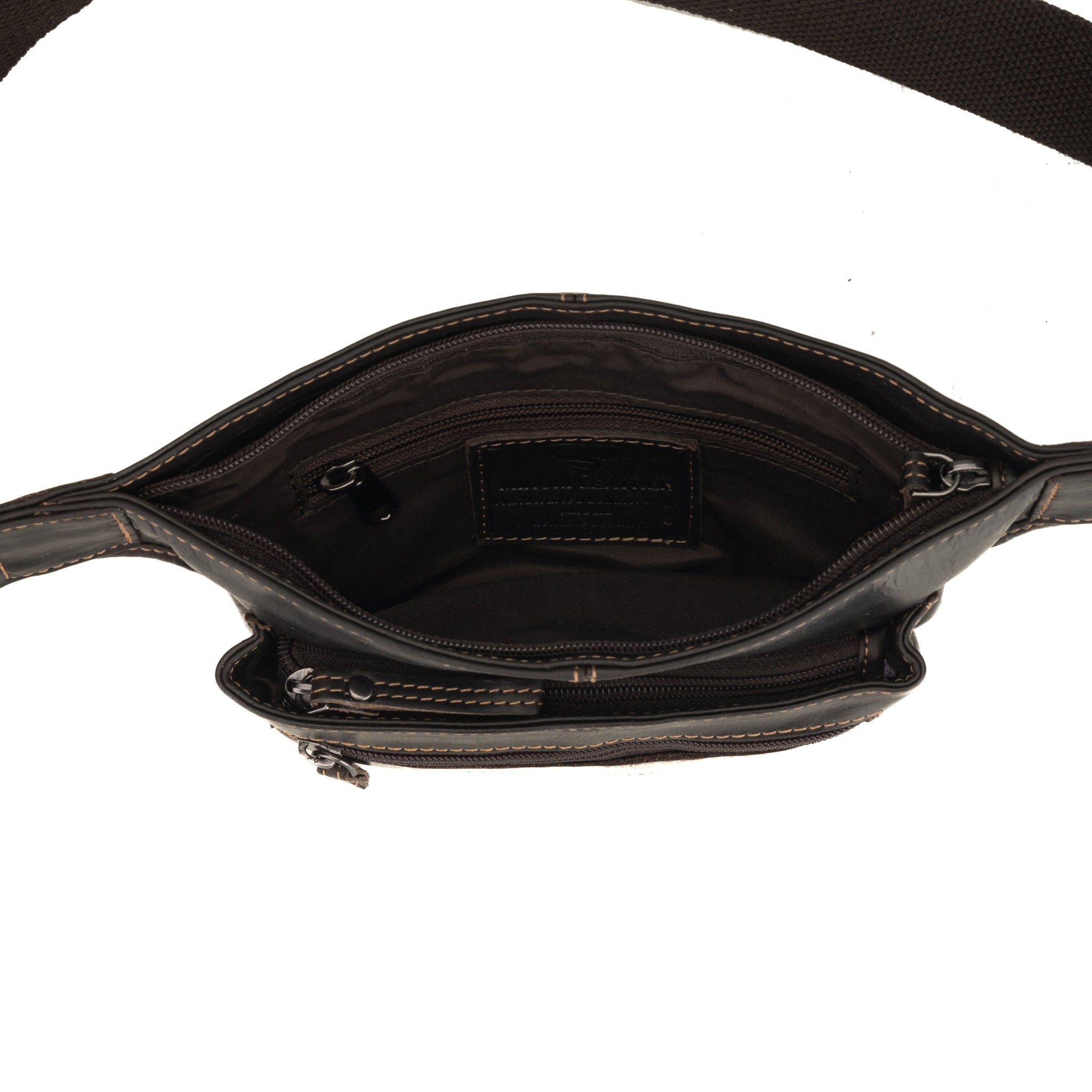 Open view of brown Minori leather waist bag featuring multiple compartments and an adjustable strap with buckle closure.