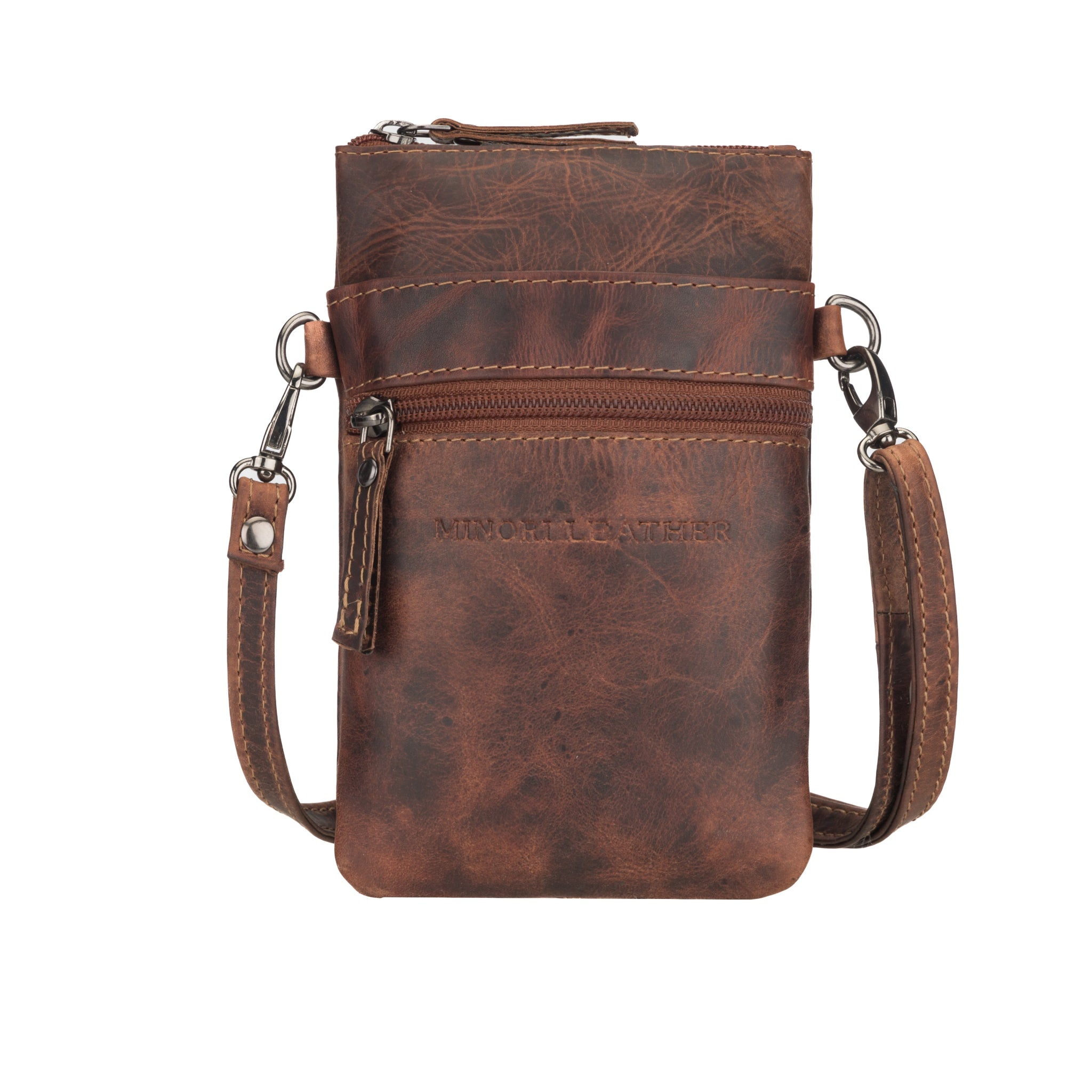 Front view of chestnut brown Minori leather pouch with zipper and MINORI LEATHER branding.