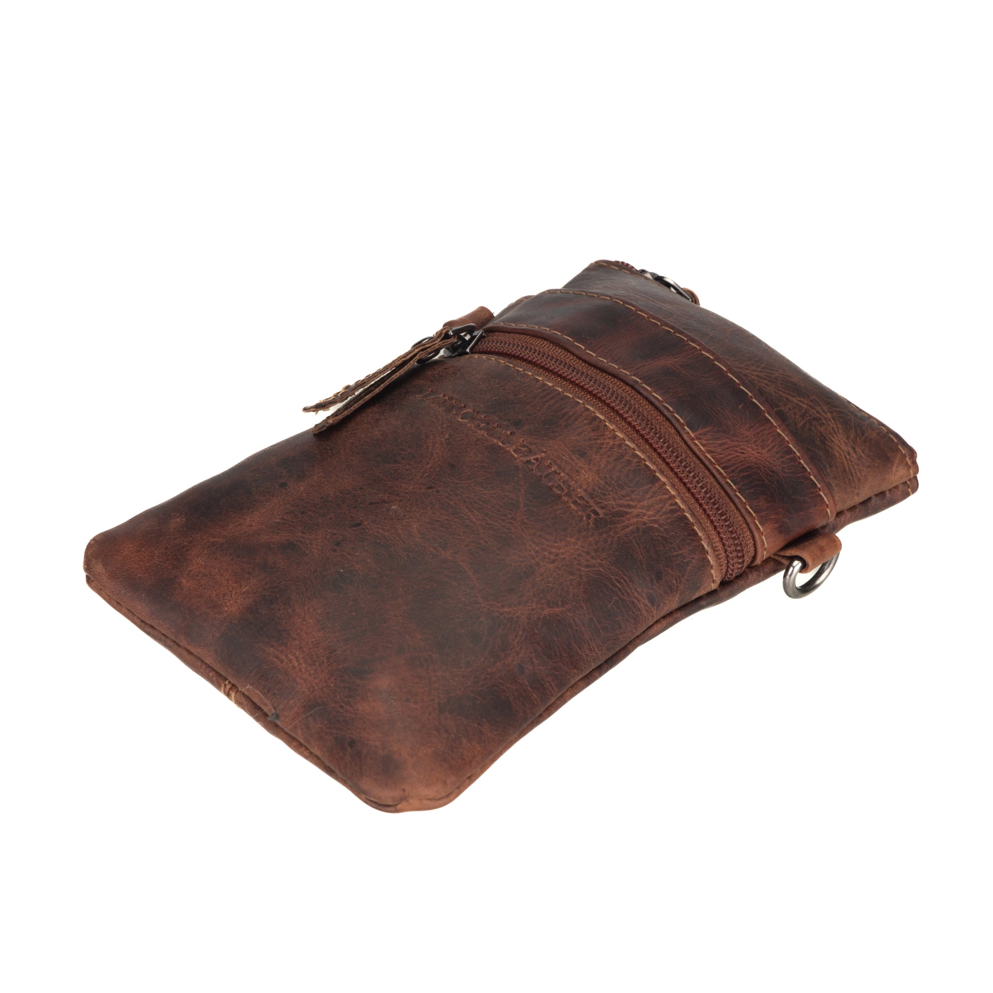 Chestnut brown Minori leather pouch laid flat displaying zipper and metal ring attachment.