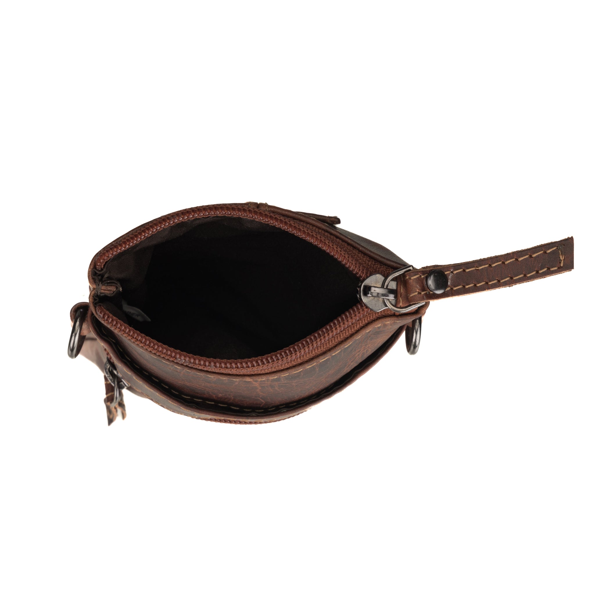Top-down view of chestnut brown Minori leather pouch showing inner compartment.