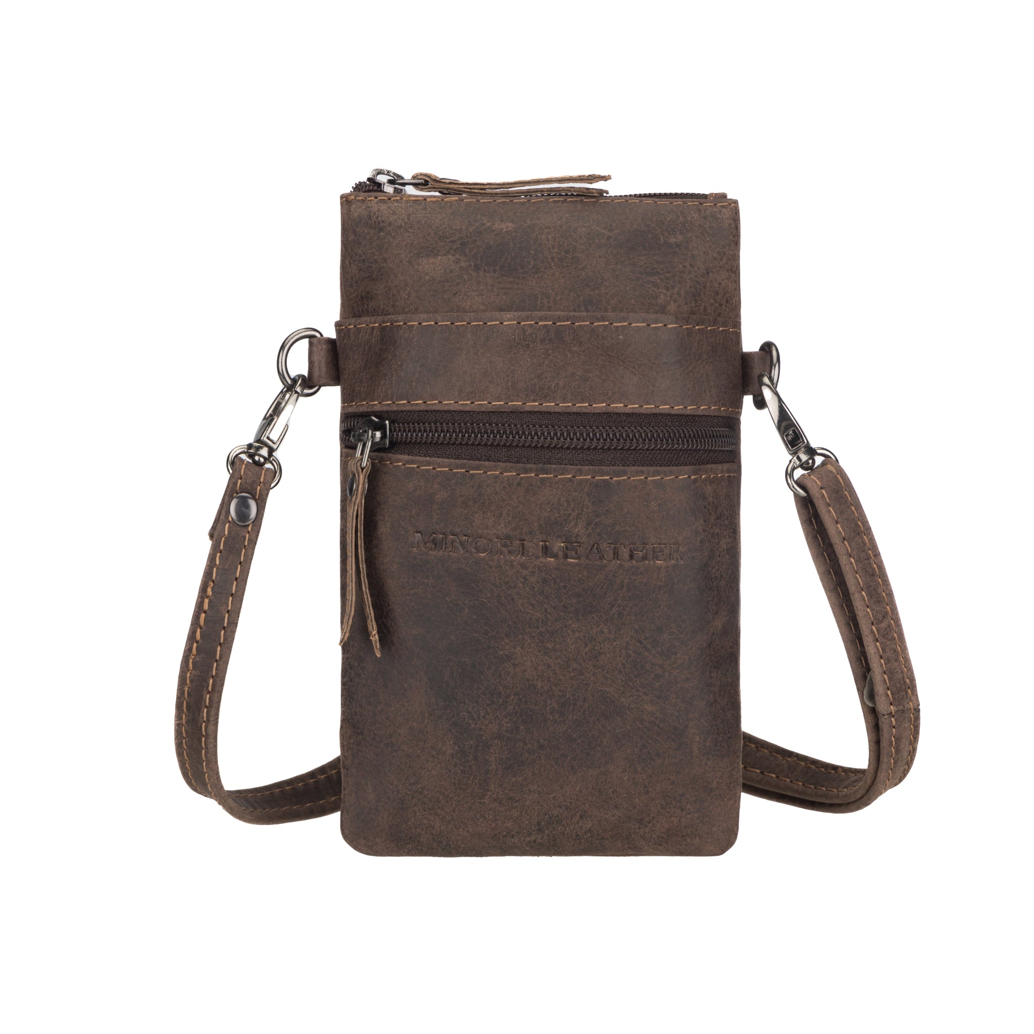 Close-up front view of a brown Minori leather crossbody phone pouch showing two zippered compartments.