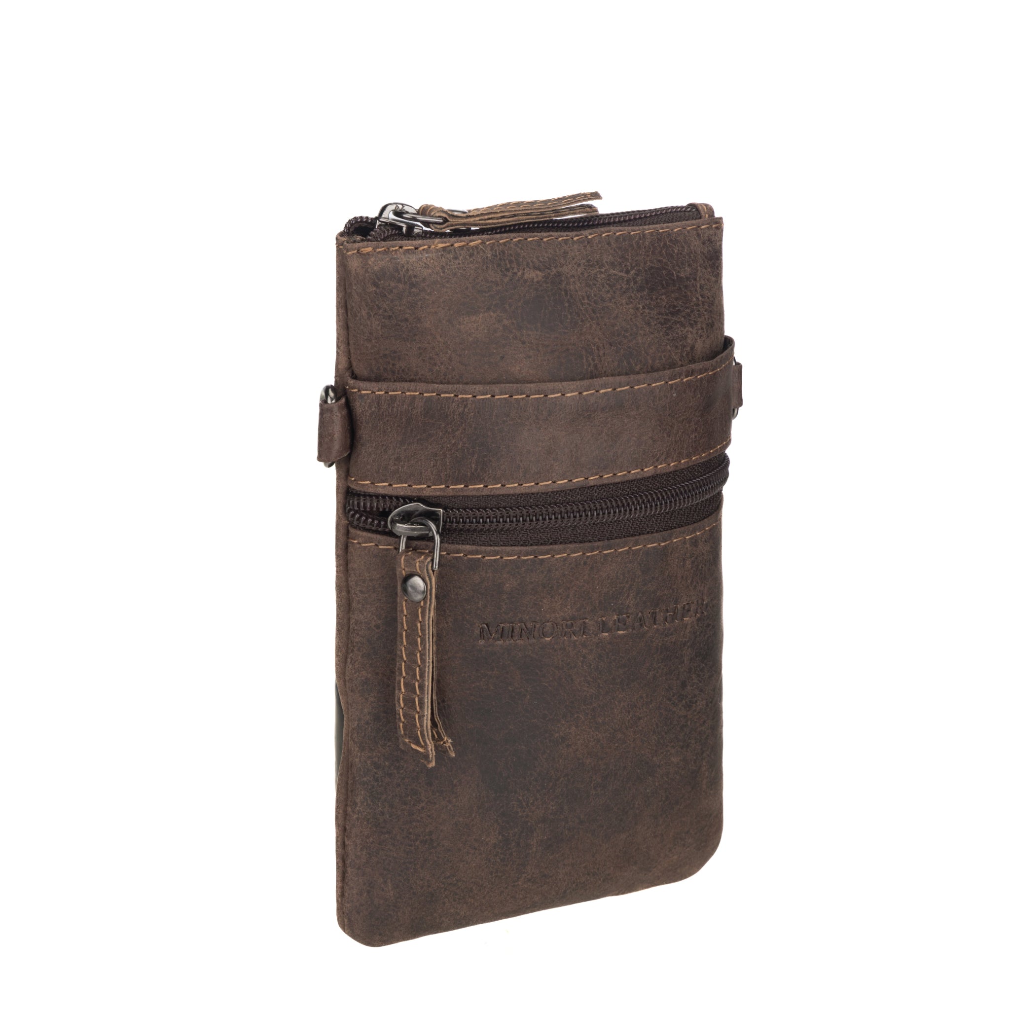 Angled front view of a brown Minori leather phone pouch highlighting texture and zippers.