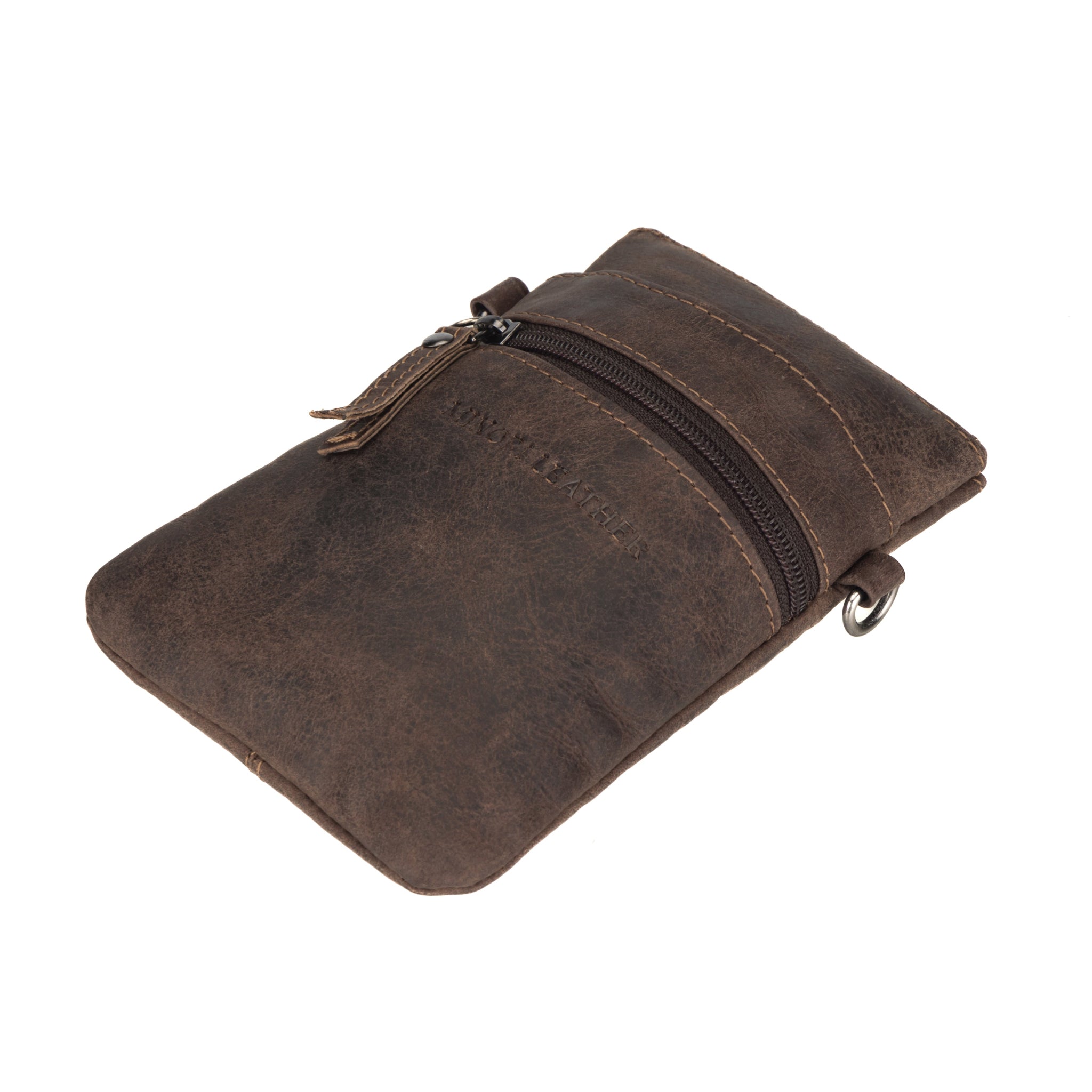 Side angled view of a brown Minori leather phone pouch placed flat, showing zipper detail.