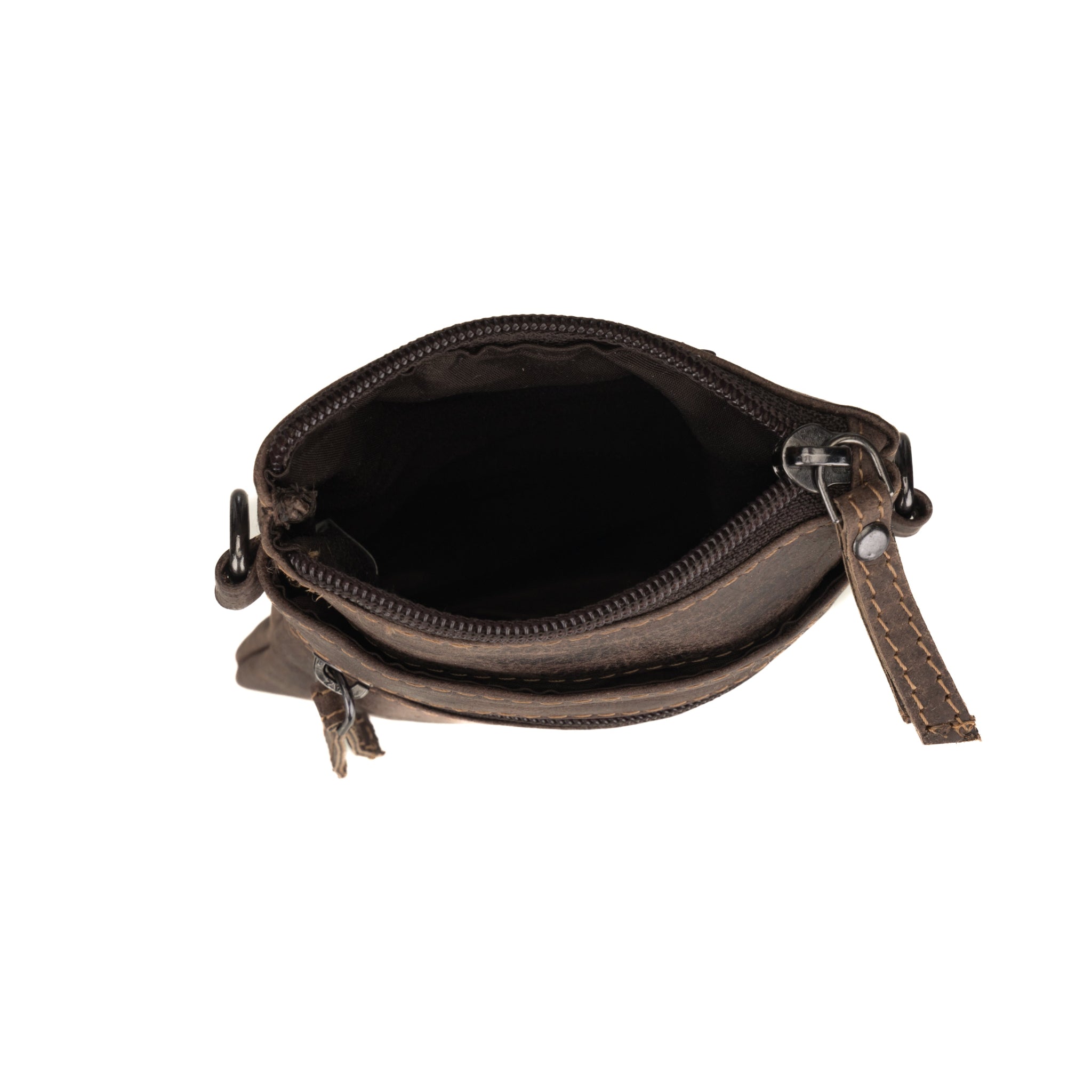 Top view of the brown Minori leather phone pouch with the main compartment open.