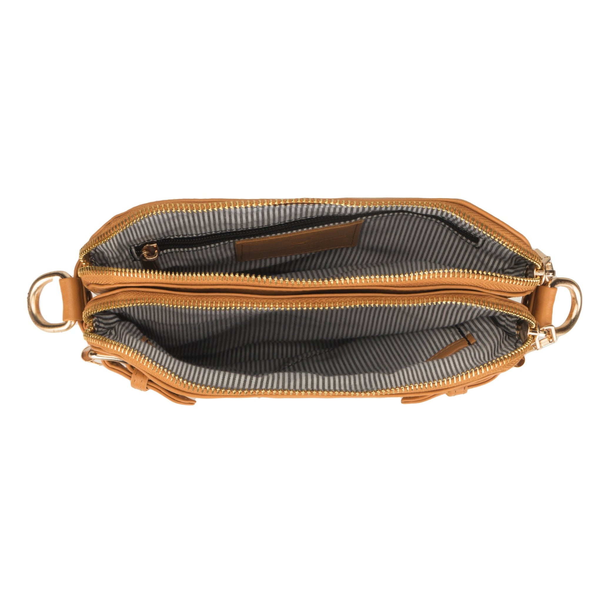 Top view of Minori tan leather bag showing its striped fabric interior and zippered compartments.