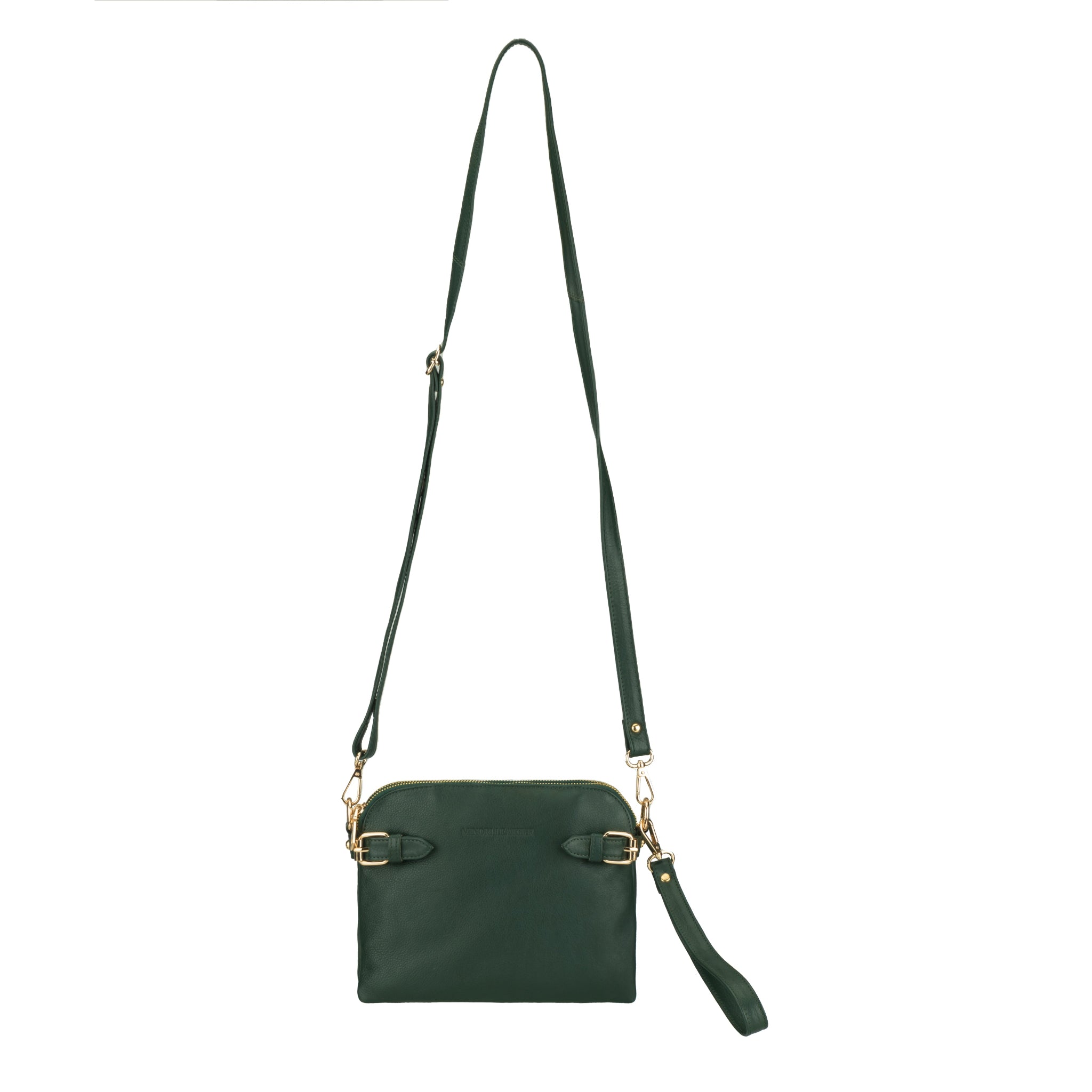 Forest Green Minori leather crossbody bag with a strap on a white background