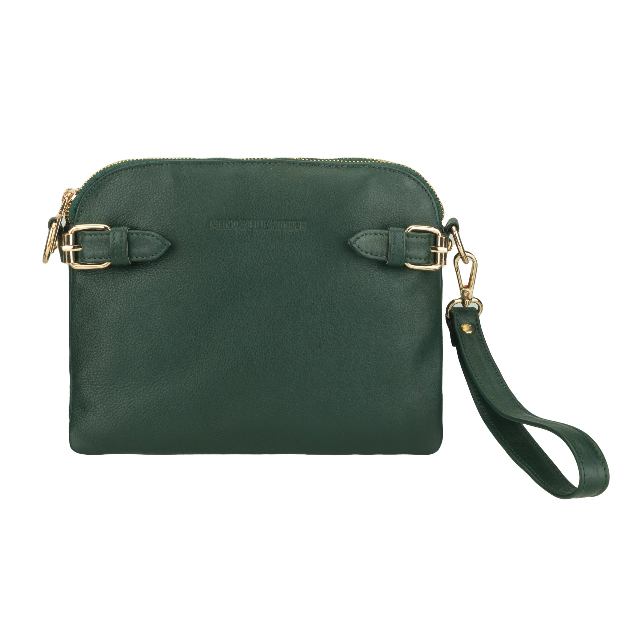 Forest Green Minori leather handbag with gold accents on a white background