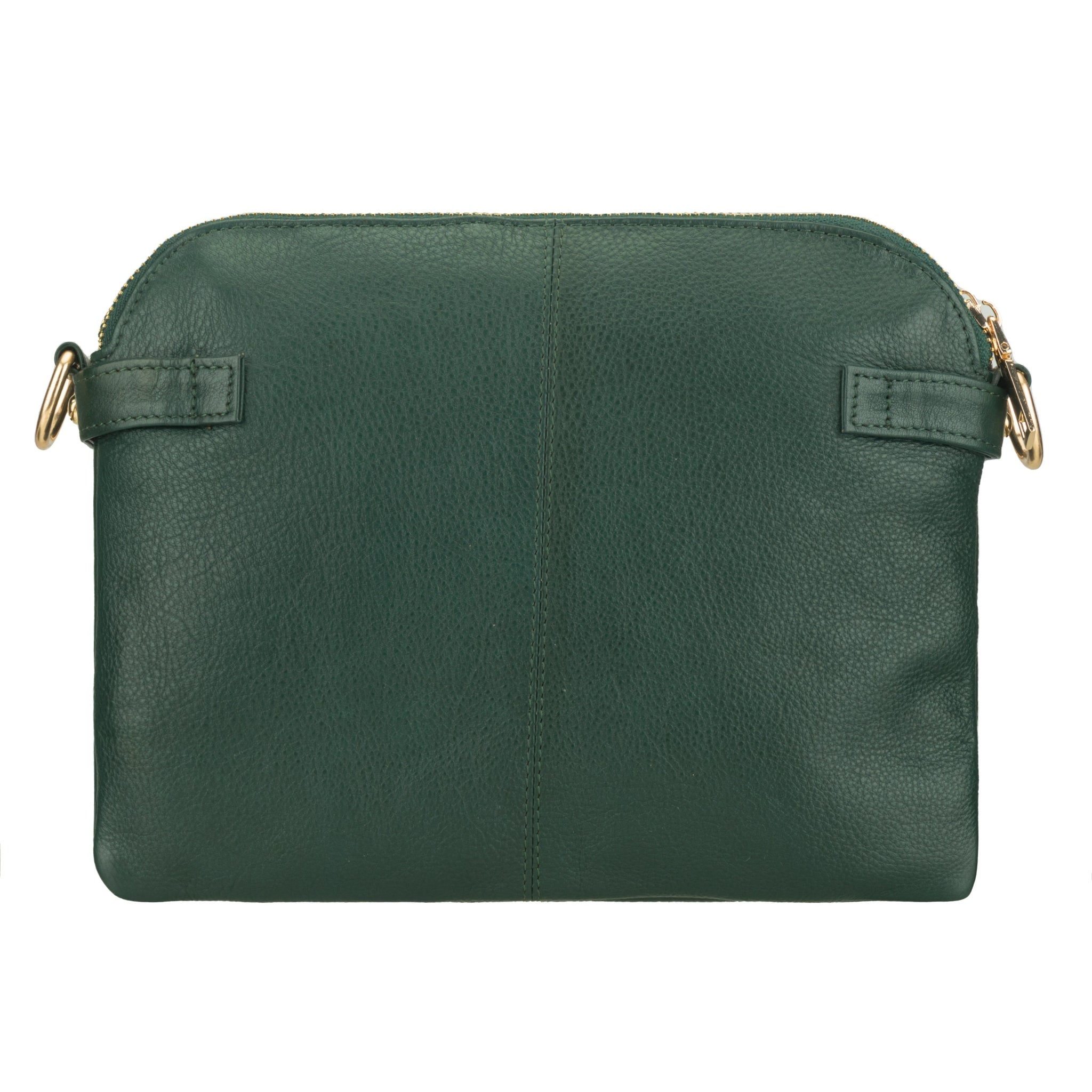 Back view of Forest Green Minori leather bag with gold zippers on a white background