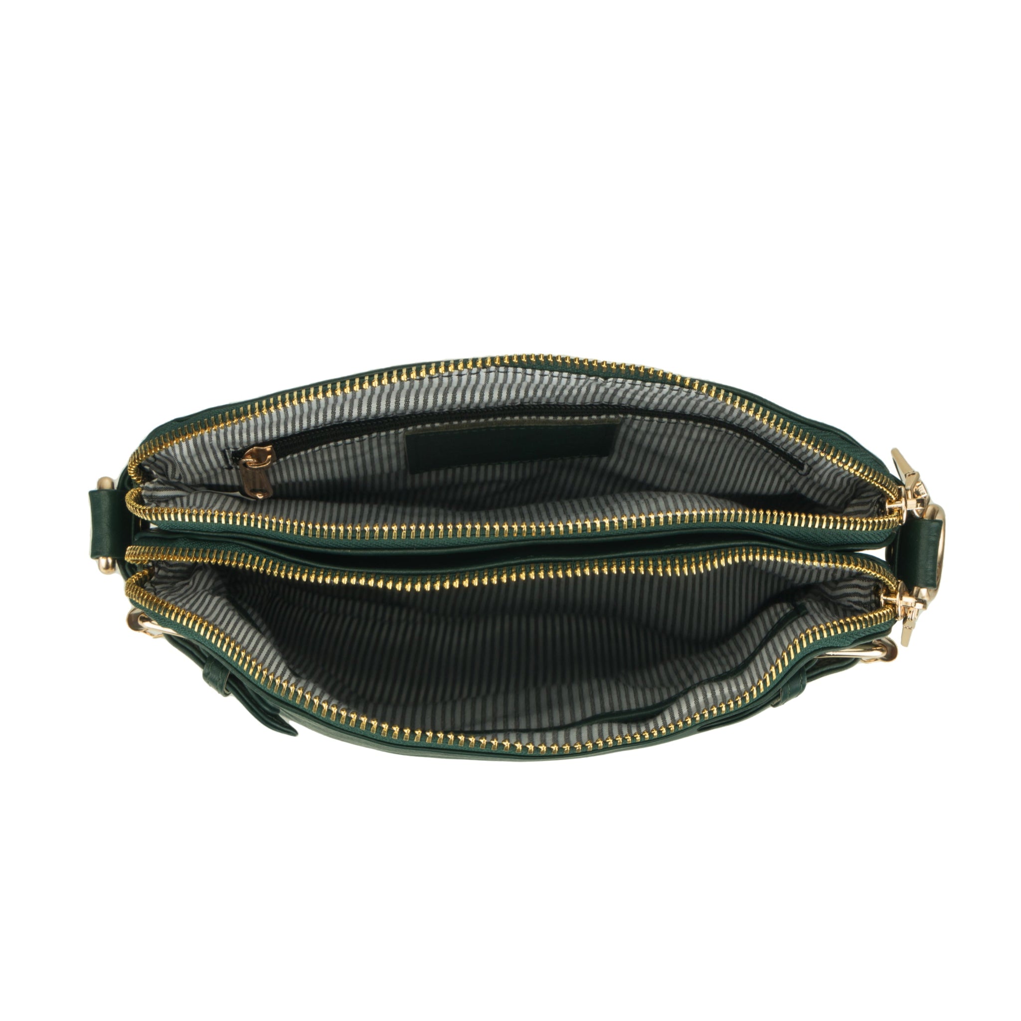 Forest Green Minori leather handbag with gold zipper on a white background