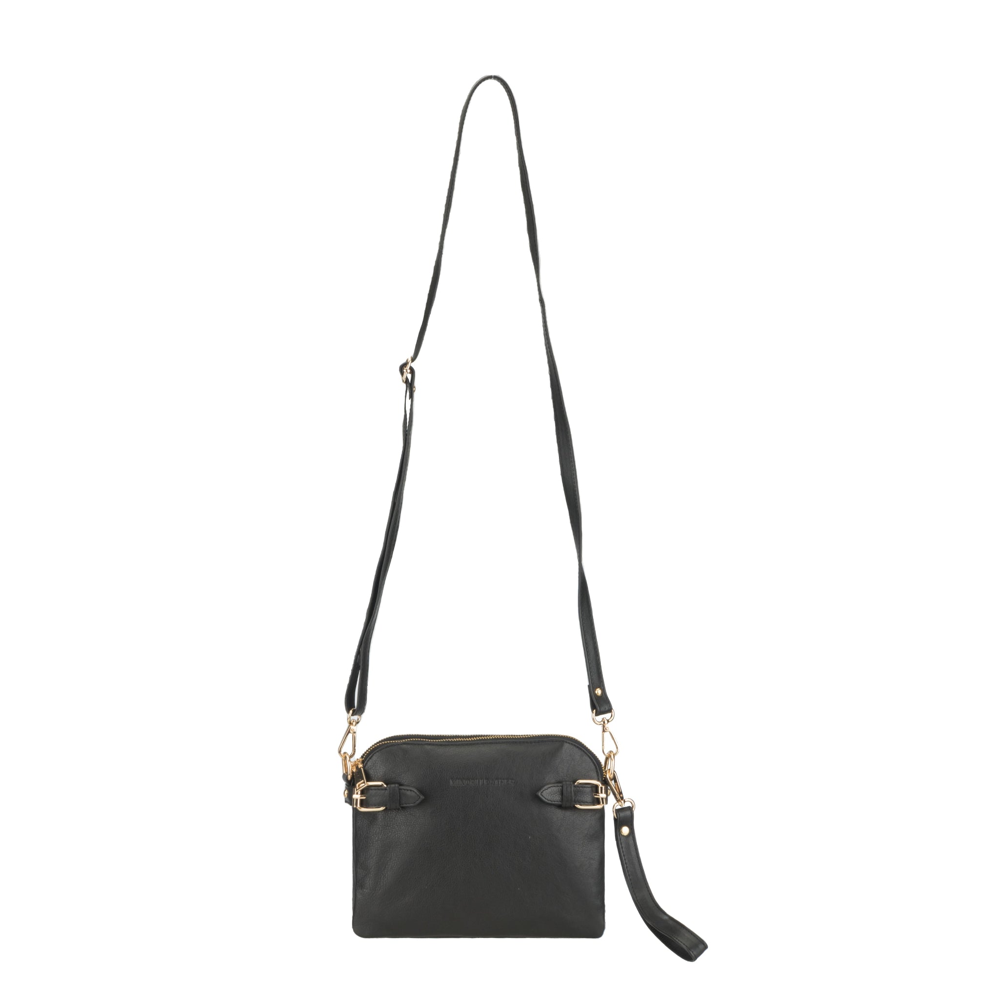 Black Minori leather crossbody bag with gold accents on a white background
