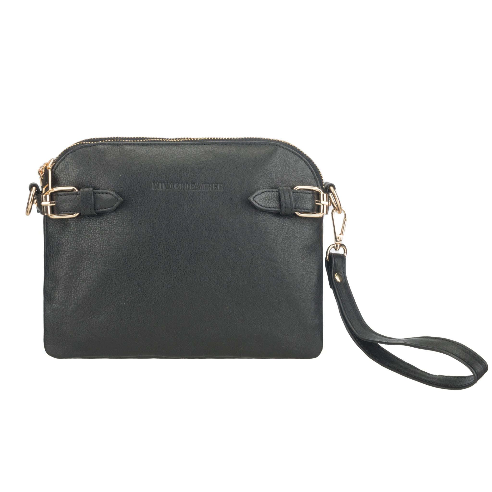 Black Minori leather crossbody bag with gold accents on a white background