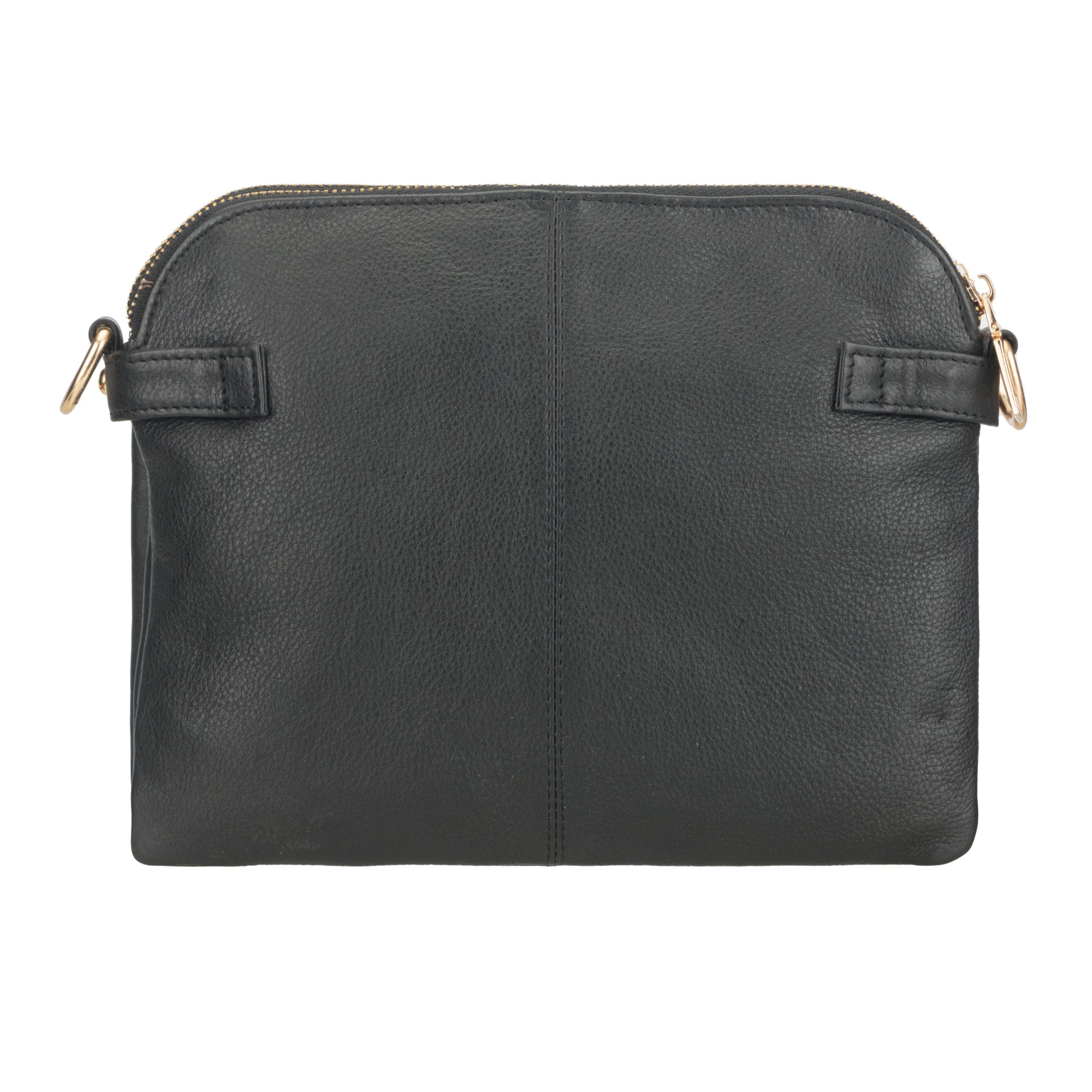 Back view of Black Minori leather pouch with gold zipper on a white background