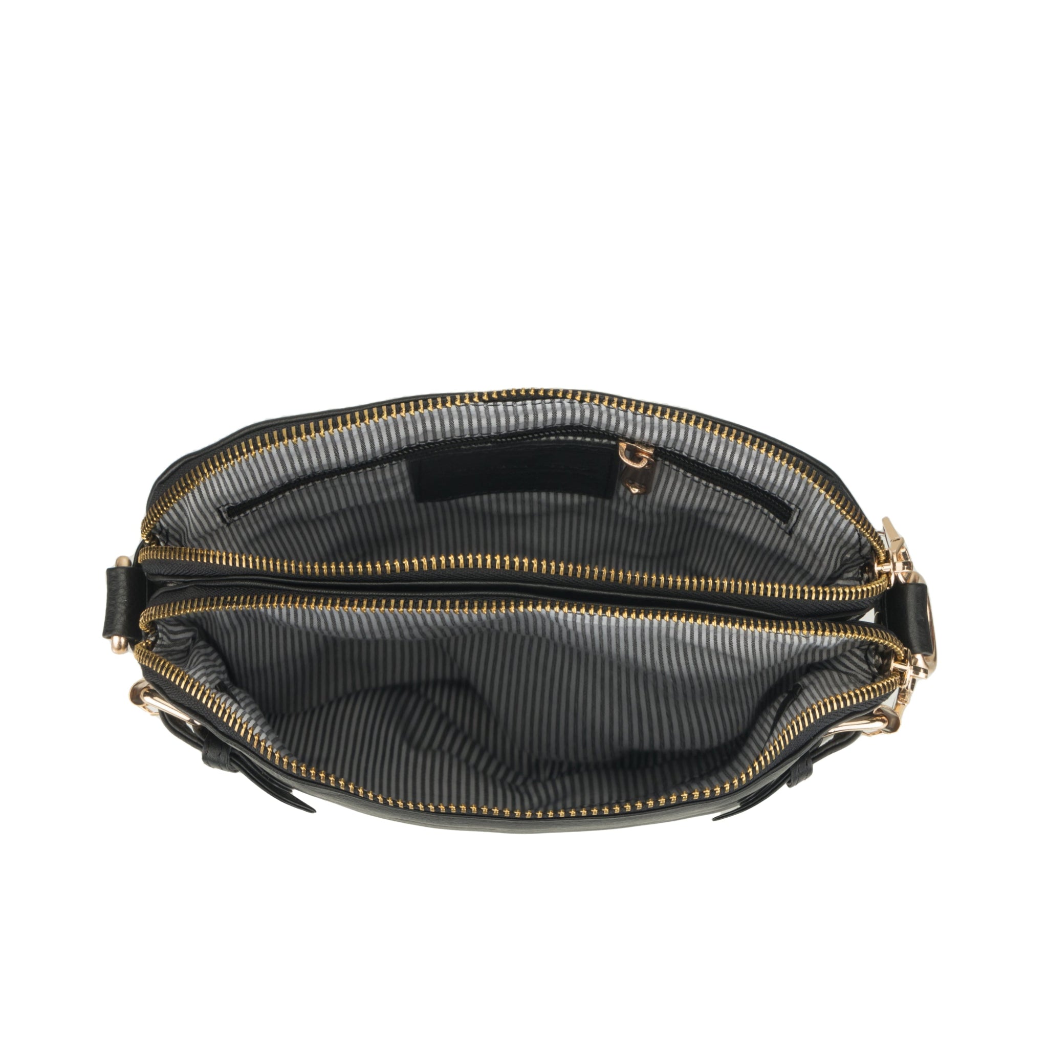 Open view of Black Minori leather handbag with gold zipper on a white background