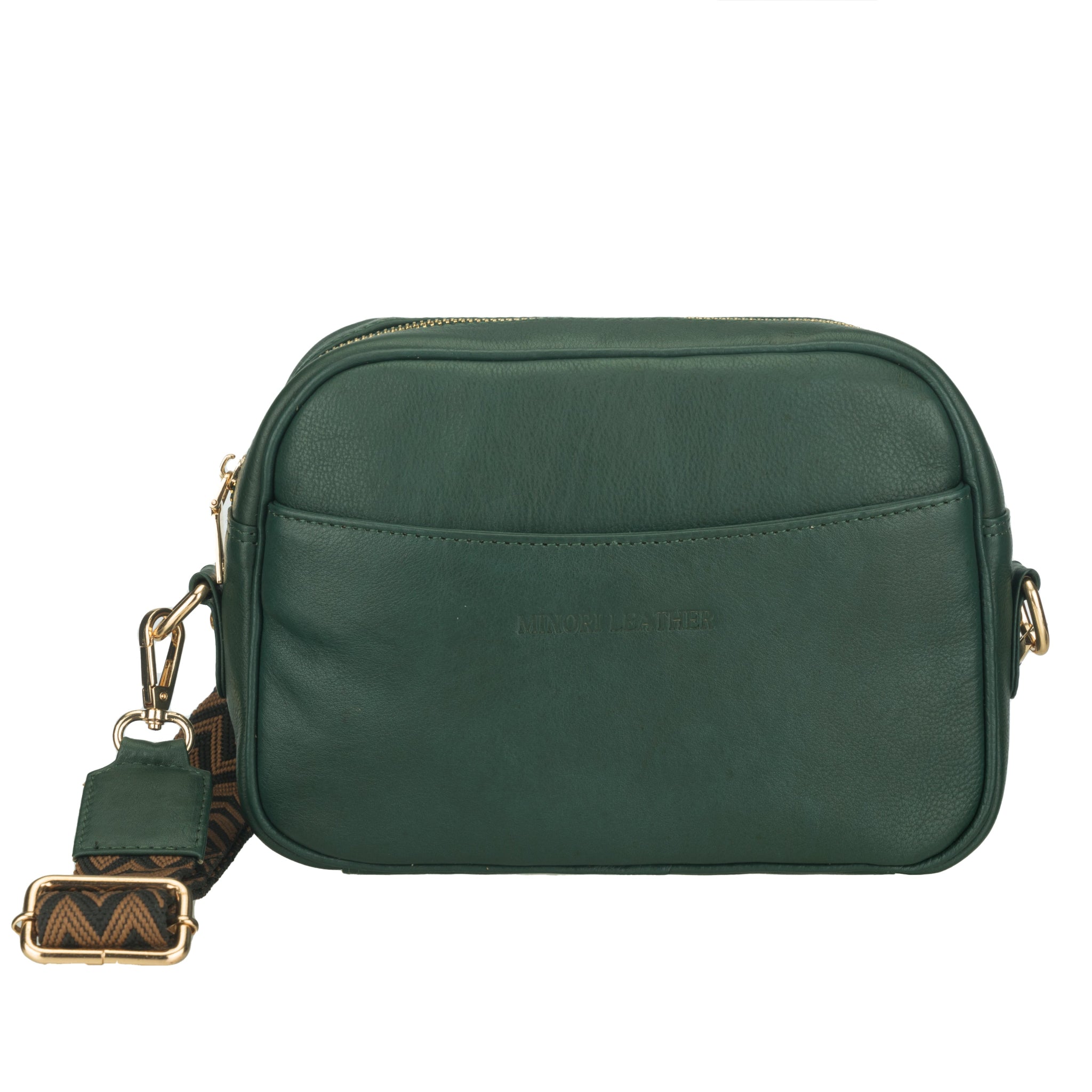 Front view of a compact Forest green Minori leather crossbody bag with embossed branding and an attached patterned strap.